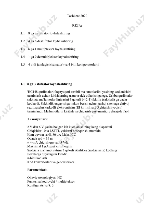 iolokatsiya qurilmalari va b.da beriladigan axborot signallarini nazorat qiladi. d.ning kirish qismiga kelgan axborotlar oʻzgartiriladi (deshifrlanadi) va chiqish qismida axborot mazmunini ifodalovchi signalga aylanadi. d. kiri-shidagi signalga chiqishidagi muayyan signal mos keladi. d. telegraf apparatlari, telefon aloqasi, telemexanika, hisoblash texnikasi, radio texnika va oʻlchash texnikasida qoʻllaniladi. 1.3 6 ga 1 multiplekser loyhalashtiring bu boshqarish yoki tanlangan kirishga bog'liq bo'lgan ko'plab ma'lumotlar kiritishlari va bitta chiqishga ega bo'lgan kombinatsion sxema, n kirish satrlari uchun log n (base2) tanlov liniyalari yoki biz 2n kirish satrlari uchun n tanlov liniyalari zarurligini aytishimiz mumkin. multipleksorlar "ma'lumotlar n selektori, ketma-ket konvertorga parallel, ko'p lari bitta sxemaga, universal mantiqiy zanjir" nomi bilan ham tanilgan. multiplekserlar asosan ma'lum vaqt va tarmoqlik engligi davomida tarmoq orqali yuborilishi mumkin bo'lgan ma'lumotlarni ko'paytirish uchun ishlatiladi. endi haqiqat jadvalidan foydalangan holda 4: 1 multiplexer dasturini amalga oshiramiz. s0 s1 y 0 0 i0 0 1 i1 1 0 i2 1 1 …