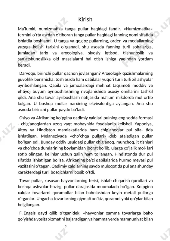 lishini zaruriyatga aylantirib qo‘ydi. metall (mis, kumush va oltin)dan ishlangan dastlabki pul – tanga shu tariqa paydo bo‘ldi. tanga (turkiy – tamg‘a so‘zidan olingan) – maxsus ramzlar tushirilgan va ma’lum og‘irlikka hamda qiymatga ega bo‘lgan metalldan yasalgan pul. arxeolog olimlar tanga dastlab miloddan avvalgi viii–vii asrlarda lidiya (osiyoda) davlatida paydo bo‘lganligini aniqladilar. lidiya hududida oltin ko‘p bo‘lgan. bu davlatda oltindan zarb etilgan tanga starter deb atalgan. eron podshosi doro i davrida esa o‘sha davrning mashhur «darik» deb ataluvchi tanga puli joriy etildi. bu tanganing har biri 8,4 gramm sof oltindan yasalgan. tangalar, avvalo, o‘zining qanday metalldan yasalganligiga qarab shu tangani zarb etgan davlatlar, ularning yerosti boyliklari haqida guvohlik beradi. ikkinchidan, tangalarning og‘irligi va uning zarb etilish usuli, shuningdek, sifati haqida guvohlik beradi. uchinchidan, davlatning nomi, hukmdorining ismi, uning taxtga o‘tirgan vaqti va hukmronlik qilgan yillari haqida guvohlik beradi. to‘rtinchidan, u yoki bu davlat tangasining boshqa davlatlar hududidan ham topilishiga qarab …