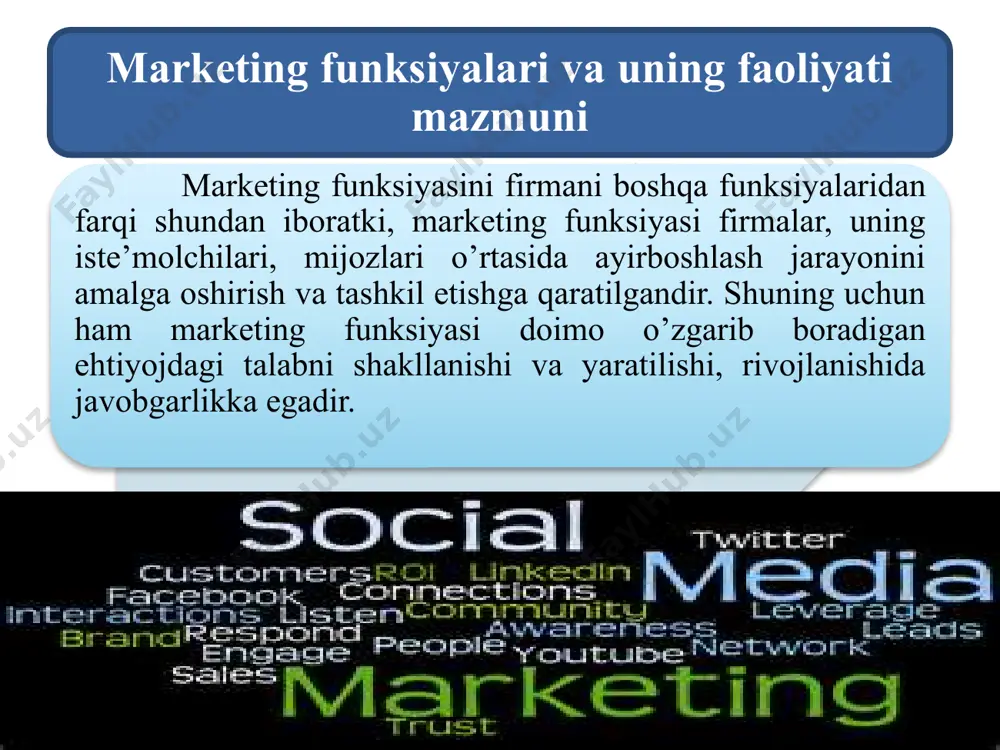televizion marketing 5.3. pochta orqali marketing 5.4. katalog bo‘yicha marketing vositachisiz marketing televizion ko‘rsatuvlarni qo‘llashga asoslangan marketing pochta-aloqa vositalaridan foydalanadigan marketing kataloglardan foydalangan holda tovar va xizmatlarni tanlash va reklama marketingi 6. bozorning rivojlanish darajasi 6.1. passiv marketing 6.2. tashkiliy marketing 6.3. faol marketing talab taklifdan oshgan sharoitda, iste’molchiga emas, ishlab chiqarishga yo‘naltirilgan marketing sotilishlar konsepsiyasi, bozorlarni topish va tashkil qilishga yo‘naltirilgan marketing taklif talabdan oshgan sharoitda, raqobat qonunining faol amal qilishi sharoitidagi marketing 7. marketing-ning rivojla-nish darajasi 7.1. taqsimlovchi marketing 7.2. funksional marketing 7.3. boshqaruvchilik marketingi ishlab chiqarish tovarlarini taqsimlash bo‘yicha marketing tovarlarni ishlab chiqarish va taqsimlash marketingi t ovarlarni yaratish, ishlab chiqarish va taqsimlash bo‘yicha marketing 20.02.2023 шиб 18 marketing turlari o‘zgartiruvchi (konversion) talab salbiy, uni yaratish kerak rag‘batlantiruvchi talab yo‘q, uni paydo qilish kerak rivojlantiruvchi talab mavjud, uni haqiqiy qilish kerak remarketing talab pasaymoqda, uni tiklash kerak demarketing talab haddan tashqari ko‘p, uni kamaytirish kerak sinxromarketing talab …