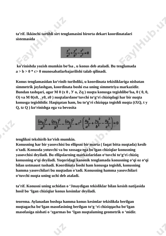 konus kesim ikki qismdan iborat. biz bilamizki, agar e obda bu faktni isbotlaganmiz. agar e = l bo‘isa, konus kesim parabola >oiadi. konus kesim uchun e ilan isbotlash ham mumkin. konusni z = h tenglama bilan aniqlanuvchi tekislik bilan kessak , :esimda yarim o'qlari mos ravishda kattaliklarga teng bo'lgan ellips hosil bo'ladi. agar biz konusni x = h , у = h tenglamalar orqali aniqlangan tekisliklar bilan kessak, kesimda yarim o‘qlari mos ravishda kattaliklarga teng bo'lgan giperbolalar hosil bo‘ladi. konus kesimda parabola hosil boiishini ko‘rsatish uchun, uni z=(c/a)x+h, h≠0 tenglik bilan aniqlanuvchi ikkinchi tekislik bilan kesamiz, natijada kesimda tenglama bilan aniqlanuvchi ikkinchi tartibli chiziqni hosil qilamiz. koordinatalar sistemasini almashtirish yordamida bu tenglamani ko'rinishga keltirsak, uning parabola ekanligini ko'ramiz. image3.png image4.png image5.png image6.png image7.png image8.png image9.png image10.png image11.png image12.png image13.png image14.png image1.png image2.png