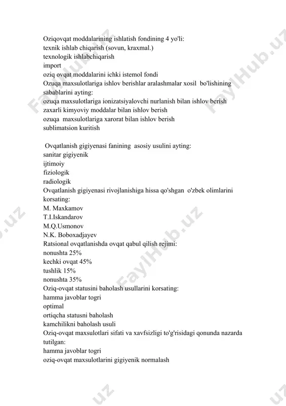 maxsulotlarini sertifikatlash oziq-ovqat mahsulotlarining xavfsizligini taminlash bo'yicha tadbirlar ishlab chiqish oziq-ovqat maxsulotlari xavfsizligi va sifati to'g'risidagi qonun quyidagilarning qaysi birini nazarda tutmaydi: kuzatish va nazorat oziq-ovqat maxsulotlarini gigiyenik normalash oziq-ovqat maxsulotlarini sertifikatlash to'g'ri javob yoq oziq-ovqat korxonalari uchun davlat sanitariya epidemiologiya nazorati markazining amalga oshirilishi kerak bolgan asosiy etaplari: hamma javoblar togri loyihalarni qayti ishlash uchun saylanma kuzatuv qurilish moljallangan uchastka rad qilish nazorati oziq-ovqat korxonalari qurilish oziq-ovqat korxonalariga tegishli bolmagan korxona: o'quv muassasasi korxonasi oziq-ovqat sanoati korxonasi oziq-ovqat savdo korxonasi umumiy ovqatlanish korxonasi oziq-ovqat korxonalarida qatiyan taqiqlanadi: ish joyida chekish sanitar kiyimning almashtirilishi ishga toza kiyim va oyoq kiyimda kelish sochni qalpoq ostiga yigish ovqat tayyorlashda sanitar talablar bajarilishi, texnologik jarayonlarga rioya qilish, maxsulotlar ishlab chiqarishda qabul qilingan sifat uchun javobgarlikni nazorat qilish kimning zimmasida: mudir zimmasida zal mudiri zimmasida ombor mudiri zimmasida har bir ishchi zimmasida oziq-ovqat mahsulotlarini qabul qilish qoidalari, omborxona sanitariya holati, mahsulotlarni saqlash muddat va …