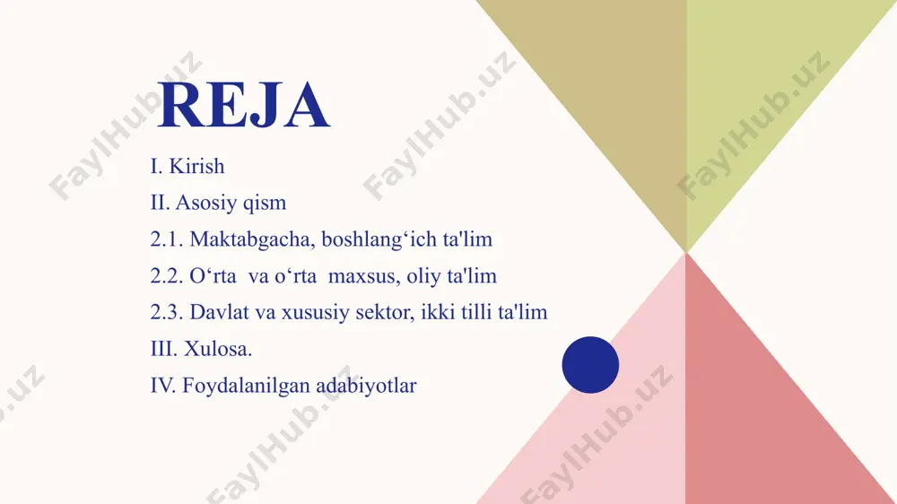 eyingi bosqichlarda ularning muvaffaqiyatli o‘qishi uchun mustahkam poydevor yaratadi. baada boshlang‘ich ta'lim 6 yoshdan boshlanadi va 4 yil davom etadi. ushbu bosqich ta'lim tizimining asosiy poydevorini tashkil etib, bolalarga muhim bilimlar va ko‘nikmalarni beradi. quyidagi asosiy jihatlar boshlang‘ich ta'limni tavsiflaydi: • fanlar va darslar. • til o‘rgatish. • o‘qitish usullari. • baholash tizimi. • qiziqish va iqtidorni rivojlantirish. • ijtimoiy va axloqiy tarbiya. 2.2. o‘rta va o‘rta maxsus, oliy ta'lim baadagi o‘rta ta'lim 10 yoshdan boshlanib, 14 yoshgacha davom etadi va umumiy hisobda 4 yilni tashkil etadi. bu bosqichda o‘quvchilarga kengroq va chuqurroq bilim berilib, ularning keyingi ta'lim bosqichlariga tayyorgarligi ta'minlanadi. o‘rta ta'lim quyidagi jihatlarni o‘z ichiga oladi: • fanlar diversifikatsiyasi • ixtisoslashuvga tayyorgarlik • ilmiy va texnologik ko‘nikmalar • tillar va kommunikatsiya • qo‘shimcha va madaniy faoliyatlar. baadagi oliy ta'lim tizimi dunyo miqyosidagi yuqori standartlarga mos keladigan rivojlangan va diversifikatsiyalangan tuzilishga ega. oliy ta'lim bosqichi universitetlar va oliy o‘quv …