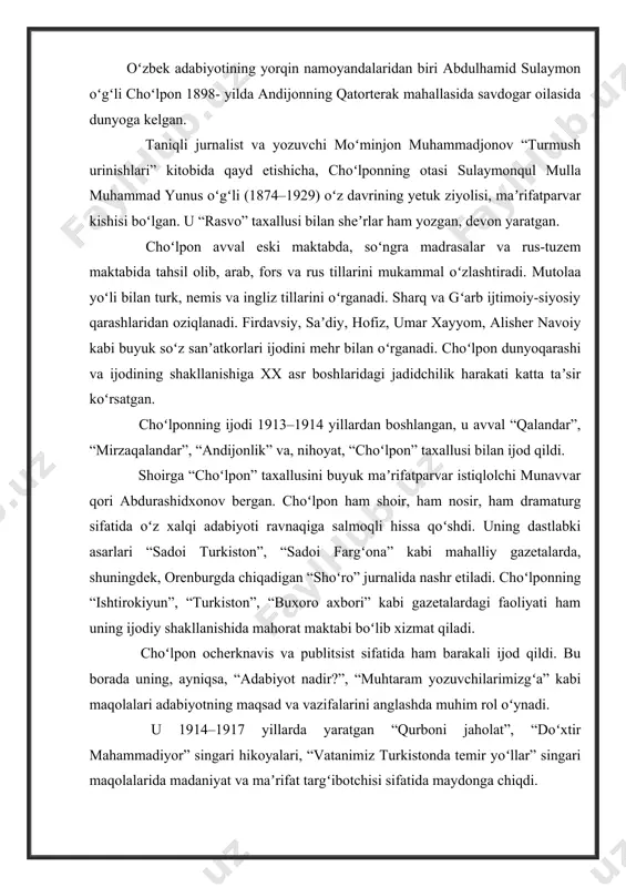 oʻynadi. u 1914–1917 yillarda yaratgan “qurboni jaholat”, “doʻxtir mahammadiyor” singari hikoyalari, “vatanimiz turkistonda temir yoʻllar” singari maqolalarida madaniyat va maʼrifat targʻibotchisi sifatida maydonga chiqdi. u oktabr toʻntarishidan keyingi yillarda hayotda sodir boʻlayotgan xush va noxush oʻzgarishlarni qalamga oldi. “yoʻlda bir kecha”, “sharq poyezdi keldi”, “sharq uygʻongan”, “quturgan mustamlakachilar”, “yoʻl esdaligi” singari oʻnlab ocherk va publitsistik maqolalarida chor mustamlakachilari va mahalliy hokim sinf vakillari yetkazgan jabru jafolarni, fuqarolar urushi davrida roʻy bergan fojialarni tasvirladi. choʻlpon 1922–1935 yillarda oʻzining “uygʻonish” (1922), “buloqlar” (1923), “tong sirlari” (1926), “soz” (1935) kabi toʻrtta sheʼriy toʻplamini nashr ettirdi. 30-yillarga kelib “joʻr” kabi sheʼriy toʻplamini tayyorladi. ammo “soz”i chop etiladi-yu, “joʻr” toʻplami qatagʻonlik tuzogʻiga ilinib, qolib ketadi. shoirning toʻplamlari orasida “buloqlar” (1923) alohida ajralib turadi. toʻplam besh boʻlimdan iborat boʻlib, ular “sharq uchun”, “sezgilar”, “sevgi”, “qora yoʻllar” va “qor qoʻynida” deb nomlanadi. shoirning oʻzi qayd etishicha, mazkur sheʼriy guldasta “jahon fotihlari changalida ezilib yotqon sharq oʻlkalariga” bagʻishlangan. …