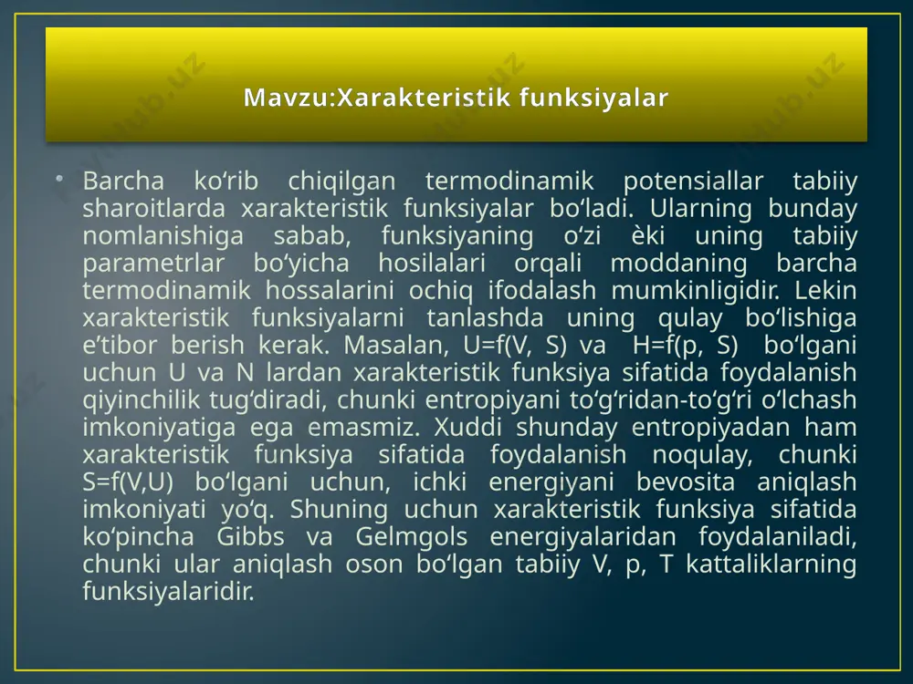 i entropiya va bosimlar orqali ochiq ifodalanadi. va tenglamalardan entropiyaning hajm va bosim bo‘yicha hosilalarini oson topish mumkin. buning uchun hosilalarni qarma-qarshi tenglab tenglamadan va tenglamadan xosilalarni topamiz ya’ni entropiyaning turli jaraѐnlarda o‘zgarishini ko‘rib chiqaѐtganda keltirib chiqarilgan tenglamalarni boshqa yo‘l bilan oldik. termodinamik funksiyalarni bog‘lovchi bunday tenglamalar juda ko‘p. ularning ko‘pchiligi n.p.suvorov tomonidan jadvalga yig‘ilgan, undan xoxlagan ko‘rinishdagi hosilani (z=const) topish mumkin. buning uchun z=const ga to‘g‘ri keluvchi ustundan x б ga to‘g‘ri keladigan ifodani qatordan topib, boshqa qatordan topilgan y бga to‘g‘ri kelgan qiymatga bo‘linadi. masalan, xosila uchun g∆ ni p=const bilan kesishgan katagini olamiz va undagi ifodani, ya’ni –s ni, kasrning suratiga va t ∆ ni p=const bilan kesishgan katagini olib, undagi ifodani, ya’ni 1 ni, kasrning maxrajiga ѐzamiz xuddi shunday natijani ham keltirib chiqarish mumkin. va tenglamalardan ideal gaz uchun g va f funksiyalarning t=const dagi ifodalarini topish mumkin: tenglamalar kimѐviy termodinamikaning qator muhim tenglamalarini keltirib chiqarishga …