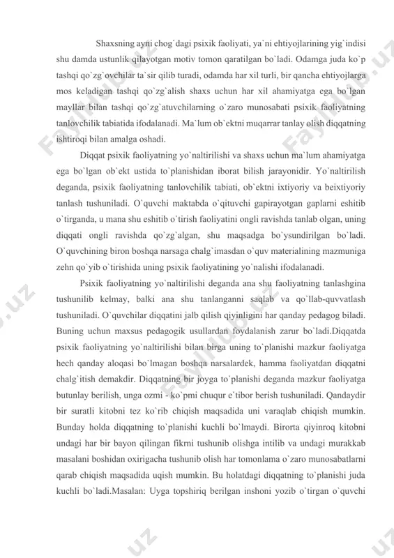 hiqish mumkin. bunday holda diqqatning to`planishi kuchli bo`lmaydi. birorta qiyinroq kitobni undagi har bir bayon qilingan fikrni tushunib olishga intilib va undagi murakkab masalani boshidan oxirigacha tushunib olish har tomonlama o`zaro munosabatlarni qarab chiqish maqsadida uqish mumkin. bu holatdagi diqqatning to`planishi juda kuchli bo`ladi.masalan: uyga topshiriq berilgan inshoni yozib o`tirgan o`quvchi ba`zan uyda boshqalarning gapini, radioning ovozini eshitmaydi. unda diqqatniing to`planishi kuchli bo`ladi. 2. diqqatning fiziologik asoslari diqqat ma`lum nerv markazlarining qo`zg`alishi va miyadagi boshqa nerv markazlarining tormozlanishi bilan bog`liqdir, bu esa ob`ekt uchun ahamiyatli bo`lgan qo`zg`atuvchilarni ajratishni, ya`ni psixik faoliyatning yo`naltirilishini ta`minlaydi. har qanday yangidan yuzaga kelgan qo`zg`atuvchi, agar u etarli darajada intensiv kuchlanishga ega bo`lsa tegishli qo`zg`alish jarayonini yuzaga keltiradi, bu refleks i.p.pavlov aytganidek “bu nima” degan refleks bilan ifodalanadi. bu sodda turdagi diqqatning fiziologik asosidir. diqqat assotsiatsiya yo`li bilan eslash va uning yangilik bilan farq qilmaydigan, lekin u ob`ekt favg`ulodda alohida ahamiyat kasb etgan ob`ektlarni idrok qilish …