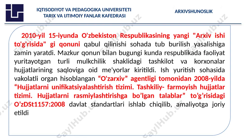 ivlari va ularning filiallari faoliyatni joylardagi tegishli davlat hokimiyati organlari bilan kelishgan holda va «o'zarxiv» agentligi yoki tegishli arxiv ishi bo'yichа hududiy boshqarmalar tomonidan tasdiqlangan o'z nizomlariga muvofiq amalga oshiradi. nodavlat arxivi - milliy arxiv fondining davlatga tegishli boʻlmagan qismiga kiritilgan arxiv hujjatlarini, shuningdek davlat mulki boʻlmagan boshqa arxiv hujjatlarini jamlash, hisobga olish, saqlash va ulardan foydalanishni amalga oshiruvchi muassasa. bugungi kunda respublikada 102 ta davlat arxivlari, mahalliy hokimliklar huzuridagi 115 ta idoralararo shaxsiy tarkib arxivlari hamda qariyb 9 000 ga yaqin idoraviy arxivlar faoliyat ko'rsatib kelmoqda. arxivshunoslik iqtisodiyot va pedagogika universiteti tarix va ijtimoiy fanlar kafedrasi o'zbekiston respublikasining" arxiv ishi to'g'risida" gi qonunining 19-moddasida" korxonalar, muassasalar va tashkilotlar arxiv hujjatlarini jamlash, hisobga olish, saqlash va ulardan foydalanish uchun qonun hujjatlarida belgilangan tartibda idoraviy arxivlarni tashkil etishi mumkin" ligini keltirib o'tilgan. hujjatlarning hajmiga qarab, idoraviy arxiv, tashkilotning mustaqil tarkibiy bo'linmasi yoki ish yuritish xizmati bo'linmasi tarkibida arxiv hujjatlarining qabulini, saqlovini …
