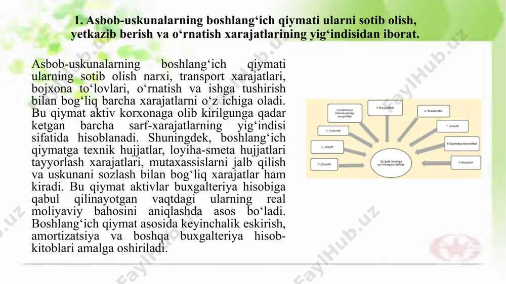 sk bilan bog‘liq bo‘ladi. diskontlash orqali bu risklar inobatga olinadi va har qanday kelajakdagi tushum hozirgi narx bilan solishtirishga yaroqli shaklga keltiriladi. bu yondashuv asosida qabul qilingan qarorlar iqtisodiy jihatdan asosliroq va aniqroq bo‘ladi, chunki ular vaqt va pul qiymatidagi farqni hisobga oladi. diskontlangan qiymat qanchalik yuqori bo‘lsa, loyiha yoki sarmoyaning bugungi kundagi ahamiyati shunchalik katta bo‘ladi. 3. mol-mulkning balans qiymati — bu boshlang‘ich qiymatdan eskirish summasi ayirib tashlanganidan keyingi qiymatdir. mol-mulkning balans qiymati — bu asosiy vosita yoki boshqa aktivning hisobda ko‘rsatilgan joriy qiymatini bildiradi. u mol-mulkning dastlabki, ya’ni xarid yoki qurilish vaqtidagi qiymatidan uning eskirish yoki amortizatsiya summasi ayirib tashlangach hosil bo‘ladi. balans qiymati korxonaning bu aktivdan foydalangan muddati davomida qancha qismi ishlatilganini va qancha qismi hali foydalanishga yaroqli ekanini ko‘rsatadi. bu qiymat moliyaviy hisobotlarda aktivlarning hozirgi holatini aniqlashda, ularni sotish, almashtirish yoki boshqa iqtisodiy qarorlar qabul qilishda muhim ahamiyatga ega. mol-mulkning balans qiymati — bu aktivning hozirgi …