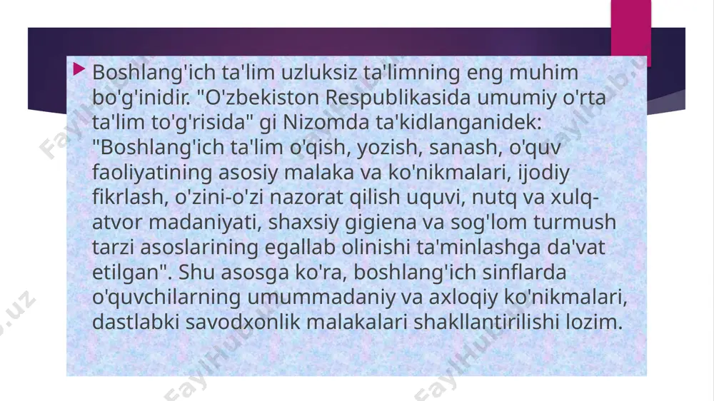 . ularda bilimga havas uyg’otadi. 2-sinfda o’quvchilar kichik hajmdagi asarlarni o’qituvchining yordami va topshirig’i asosida mustaqil o’qishga o’tadilar. bu sinfda 2 haftada bir marta sinfdan tashqari o’qish darsi o’tkaziladi. sinfdan tashqari o’qish, o’qish samaradorligini ijobiy tomonga ta’sir qilishning eng qulay usuli. demak maktab kutubxonasi, bolalar gazeta va jurnallari bilan hamkorlik qilishdir.sinfda va sinfdan tashqari o’qish boshlang’ich sinflarda o’qitiladigan barcha predmet dasturlarining bolimlari bilan bevosita bog’liq. o’z navbatida grammatika va to’g’ri yozuv, tabiatshunoslik, tasviriy san’at, musiqani o’rganishda olingan bilim va hosil qilingan ko’nikmalar o’qish darslaridan o’qish darslarida foydalaniladi. . o’qish darslarida o’tilgan mavzular asosida badiiy kitoblar axtarish, asar qahramonlarining nomlarini yozish, ularni tasvirlab berish, ijodiy rasm ishlash, fikrni yakunlash uchun mos maqollar yod olish o’quvchini ijod qilishga undaydi. har bir sinfda sinfdan tashqari o’qilgan barcha asrlar o’quvhilarga mos ravishda biror voqeani sahnalashtirish mumkin. bu boladagi nitqni rivojlantirishga, lug’at boyligini oshirishga yordam beradi. shuningdek sahnalashtirilgan asarni tomosha qilgan o’quvchining diqqati oshib xotirada …