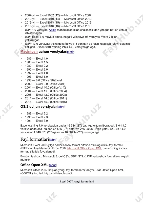 agan. · izoh: excel 6.0 mavjud emas, negaki windows 95 versiyasi word 7 bilan yetkazilgan. · izoh: 13.0 versiyasi triskaidekafobiya (13 sonidan qo'rqish kasalligi) tufayli qoldirilib ketilgan. excel 2010 o'zining ichki 14.0 versiyasiga ega. macintosh uchun versiyalar[tahrir] · 1985 — excel 1.0 · 1988 — excel 1.5 · 1989 — excel 2.2 · 1990 — excel 3.0 · 1992 — excel 4.0 · 1993 — excel 5.0 · 1998 — 8.0 (office '98)excel · 2000 — excel 9.0 (office 2001) · 2001 — excel 10.0 (office v. x) · 2004 — excel 11.0 (office 2004) · 2008 — excel 12.0 (office 2008) · 2011 — excel 14.0 (office 2011) · 2015 — excel 15.0 (office 2016) os/2 uchun versiyalar[tahrir] · 1989 — excel 2.2 · 1990 — excel 2.3 · 1991 — excel 3.0 excel o'zining 7.0 versiyasiga qadar 16 384 (214) satr (qator)dan iborat edi. 8.0-11.0 versiyalarida esa bu …
