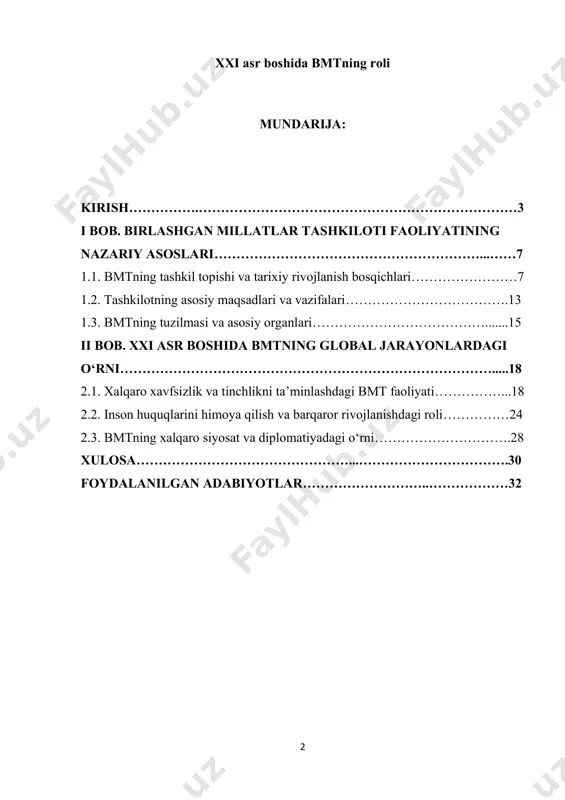 ar yuklashi belgilangan. 1 shuningdek, 2020-yilda prezident tomonidan bmt bosh assambleyasining 75-sessiyasidagi nutqda ilgari surilgan taklif va tashabbuslar “yo‘l xaritasi” asosida amalga oshirilishi bo‘yicha hukumat darajasida chora-tadbirlar belgilandi. bu nutq o‘zbekiston tomonidan bmt bilan hamkorlikni tubdan chuqurlashtirish zaruriyatini namoyon etdi. bundan tashqari, mamlakatimiz prezidentining nutqlari va qarorlari orqali o‘zbekiston xalqaro hamkorlik, inson huquqlari, barqaror rivojlanish va tinchlikni ta’minlash yo‘llarini kengaytirishga, bmt me’yor va prinsiplariga rioya qilishga 1 o‘zbekiston respublikasi prezidenti qarori “birlashgan millatlar tashkiloti bilan hamkorlikni mustahkamlash chora-tadbirlari” – 2020 yil. 4 sodiq ekanligi qayd etilmoqda. masalan, o‘zbekiston prezidentining bmt minbaridan ilgari surgan tashabbuslari “barqaror rivojlanish” yo‘lini mustahkamlashga qaratilgan. shu sababli, mazkur kurs ishining dolzarbligi shundan iboratki, prezident qarorlari va nutqlari orqali bmt bilan hamkorlikning amaliy yo‘nalishlari, davlat siyosatida bu tashkilotga berilayotgan ahamiyat va o‘zbekistonning milliy manfaatlari asosida bmtning xxi asrdagi rolini tahlil qilish muhimdir.2 xxi asrning birinchi yillarida dunyo globalizatsiya jarayonlari, xalqaro terrorizm, ekologik muammolar, iqtisodiy inqirozlar va mintaqaviy …