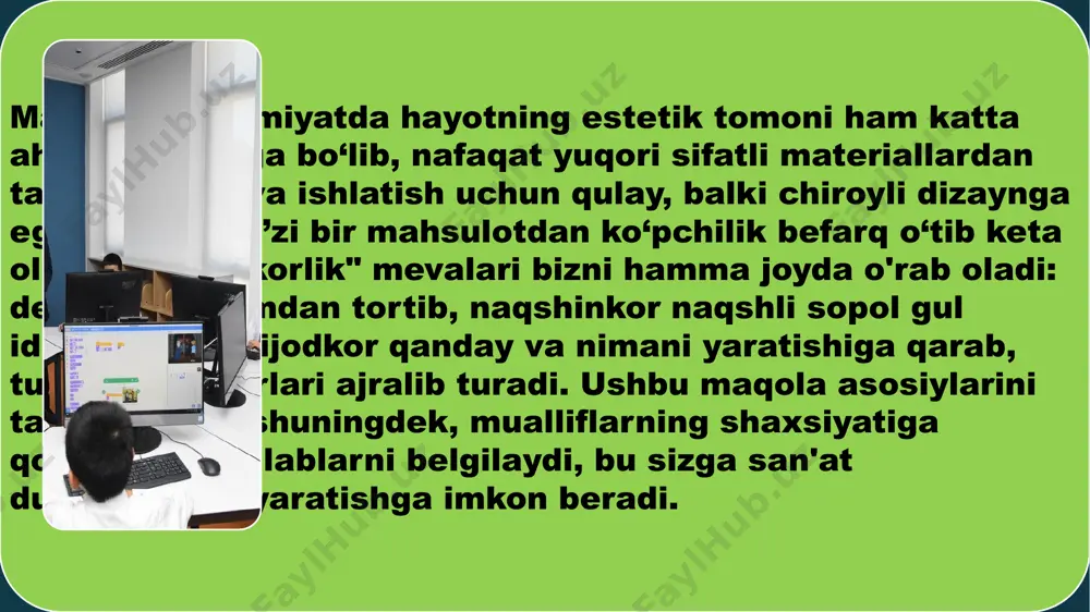 htirilishi , tezligi va mustahkamligi . 4. standart bo’lmagan vazifalarni hal qilishda aqliy chamalashning tezligi . reja : 1. ijodiy fa’oliyat haqida tushuncha . 2. tafakkurning mustaqilligi . 3. o’quv materiallarining o’zlashtirilishi , tezligi va mustahkamligi . 4. standart bo’lmagan vazifalarni hal qilishda aqliy chamalashning tezligi . « ijod » so’zining lug’aviy ma’nosi : « yaratish », « yangilikni kashf etish » so’zlariga monand keladi . ijodkorlik - faoliyatning turli holatlarida paydo bo’ladi . qiziqish ilhom , intilish va boshqalar ijodkorlikning inson ongida eng oliy tarzda paydo bo’lishidan , namoyon bo’lishigacha jarayonini o’z ichiga oladi . shaxsda faoliyat ehtiyoji faoliyatda yangi ilgari maqsad qilib qo’yilmagan , hal etuvchi vosita bo’lib hisoblanmagan intilishdir . « ijod » so’zining lug’aviy ma’nosi : « yaratish », « yangilikni kashf etish » so’zlariga monand keladi . ijodkorlik - faoliyatning turli holatlarida paydo bo’ladi . qiziqish ilhom , intilish va boshqalar ijodkorlikning inson ongida eng …