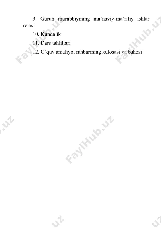 , umumlashtirishni; 30 soat 4. informatika va axborot texnologiyalarining sinf(kurs)lar bo’yicha o’quv rejalarida joylashtirilish; 30 soat 5. sinf-dars tizimiga rioya qilgan holda informatika va axborot texnologiyalari bo’yicha reja-konspekt, kalendar-reja asosida dars o’tish; 30 soat 6. an’anaviy va zamonaviy metod hamda texnologiyalarni dars jarayonida qo’llash; 30 soat 7. informatika va axborot texnologiyalarini o’qitish chog’ida tarbiyaviy ishlarni olib borishni bilishi, malaka hosil qilishi va amalda qullay olishi. 30 soat 8. hisobot tayyorlash. 18 soat ja’mi 216 hisobot darsi tahlili tahlil quyidagi yo’nalishda olib boriladi: 1. dars o’tkazgan amaliyotchi talabaning o’z darsi haqidagi mulohazalari tinglanadi. 2. dars o’tkazgan talabaga darsi yuzasidan savollar beriladi. 3. darsni kuzatgan amaliyotchi talabalarning dars haqidagi fikr-mulohazalari eshitiladi. 4. ta’lim maskani, mutaxassislik fanlari, pedagogika, psixologiya kafedralari vakillarining tahlili tinglanadi. 5. dars yuzasidan aytilgan fikrlar bo’yicha dars o’tgan amaliyotchining yakuniy so’zi tinglanadi. tahlil qilingan hisobot darsi uchun bayonnoma tayyorlanadi. hisobot darsi bayonnamasining namunasi beriladi. _________________________________________________________universiteti ________________________________fakultetining___________bosqich talabasi ______________________________________________________________ning __________________________________________________shahar (tuman) …