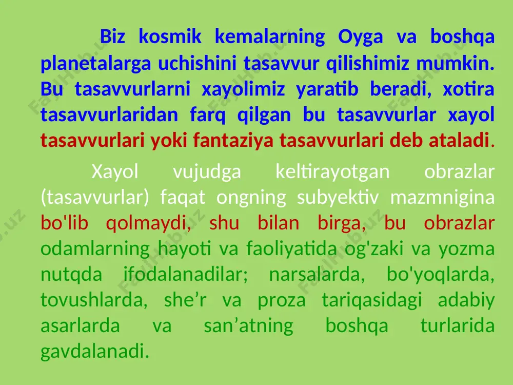 da yangi tasavvurlar hosil bo'ladi. xayolning spetsifik faoliyati xotira tasavvurlarini o'ziga xos analiz va sintez qilishdan iborat bo'ladi. xayol uchun material bo'ladigan tasavvurlar xayol yaratib berayotgan obrazlarga, ko'pincha, to'liq holda kirmasdan, balki qisman kiradi. shu sababli, xayol jarayonida mavjud tasavvurlarni gavdalantirish bilan birlikda yoki uning ketidan analiz qilish, ya’ni tasavvurlarni bo'lak-bo'lak qilib bo'lish va shu tasavvurlarning ayrim qismlarini hamda elementlarini ajratib olish faoliyati ro'y beradi. so'ngra xayolning sintez qilish faoliyati ro'y beradi. muayyan tasavvurdan ajratib olingan elementlarni boshqa tasavvurlar bilan yoki boshqa tasavvurlarning elementlari bilan qo'shish va bir turkum qilish jarayoni ro'y beradi. mana shunday sintez qilish faoliyatida yangi tasavvur — xayol tasavvuri vujudga keladi. xayolning sintez qiluvchi faoliyatining oddiy shakli agglyutinatsiyadir. agglyutinatsiya — ayrim elementlarni yoki bir necha buyumlarning qismlarini bitta obraz qilib qo'shish va shularning kombinatsiyasidir. masalan, xalq xayolining mahsuli bo'lgan rusalka (suv parisi) obrazi xotin (bosh va gavdasi), baliq (dumi) va yashil suv o‘simligi (sochlari) obrazlaridan yaratilgan. …