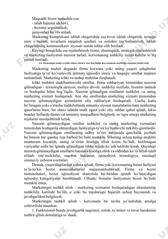 jaradigan korxona va xizmatlarni qamrab oladi. makromarketingning vazifasi-butun mamlakat bo’yicha moddiy boyliklar va xizmatlar oqimini boshqarishni tartibga solishdan iborat. 4.3. marketingni boshqarish jarayoni marketingni boshqarish – marketing faoliyatini amalga oshirish uchun zarur bo’lgan barcha moddiy, moliyaviy, me’yoriy va boshqa resurslarning majmui bo’lib, uni amalga oshirish jarayonida barcha xodimlar faoliyatini bir maqsadga yo’naltirish, uyushtirish va muvofiqlashtirishdan iboratdir. bunda iqtisodiy, texnikaviy va boshqa qonunlardan ongli ravishda foydalaniladi. bu faoliyat marketologlardan nihoyatda katta bilim, shijoat va tuganmas mehnat talab qiluvchi murakkab tizimdir. marketingni boshqarish tizimining tarkibiy qismlari: maqsad tamoyillari, vazifalari, tashkiliy tuzilishi, usullari, boshqarishning texnika va texnologiyasi, kadrlar va boshqalardan iborat. marketingni boshqarishning maqsadi tizimning to’g’ri va murakkabligi darajasiga qarab o’zgaradi. uning tashkiliy tuzilishini mezoni va maqsadideganda marketingning tarkibiy tuzilishining dinamik barqarorligi, evolyutsiya o’zgarishlari va tashqi muhit bilan o’zaro ta’siri tushuniladi. bu maqsad marketing faoliyat ko’rsatayotgan sohalarda belgilangan darajadagi foyda olishga yo’naltirilgan barcha faoliyatni boshqarishdir. marketingni boshqarish jarayoni quyidigilardan tashkil topilgan: 1. bozor …