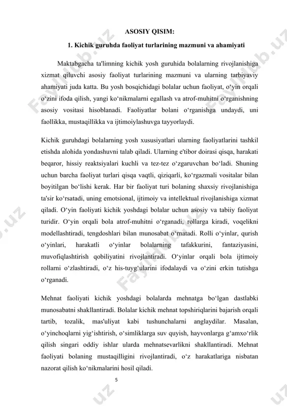 adi va bolaning ruhiy holatini muvozanatlashga yordam beradi. tasviriy mashg‘ulotlar orqali bolalar ranglar, shakllar, hajmlar, fazo haqida dastlabki bilimlarni egallaydilar. bu bilimlar ularning aqliy rivojiga ijobiy ta’sir ko‘rsatadi. har bir mashg‘ulotda bolalarga oddiy topshiriqlar beriladi, ko‘rgazmali materiallardan foydalaniladi va natijada bolalarda mustaqil ishlash va yakuniy mahsulotdan mamnunlik tuyg‘usi shakllanadi. tarbiyachi tasviriy faoliyatni tashkil etishda bolalarning qiziqishlari, yosh xususiyatlari va rivojlanish darajasini hisobga olishi lozim. faoliyat quvonchli, erkin va ijodiy muhitda o‘tishi kerak. bola o‘z ifodasida erkin bo‘lishi, o‘z g‘oyalarini aks ettira olishi uchun sharoit yaratilganda, bu uning shaxs sifatida rivojlanishiga katta hissa qo‘shadi. kichik guruhda tasviriy faoliyat bolaning umumiy rivojida katta ahamiyatga ega bo‘lib, uning ijodkorlik salohiyatini yuzaga chiqarish, hissiy holatini ifodalash, estetik didini shakllantirish, mustaqil fikrlash va faoliyatga bo‘lgan ijobiy munosabatini rivojlantirishda asosiy vositalardan biri sanaladi. nutqiy faoliyatlar kichik yosh guruhidagi bolalarning og‘zaki nutqini rivojlantirishga qaratilgan. bu faoliyat doirasida bolalarga ertaklar o‘qib berish, she’r aytish, savol-javoblar o‘tkazish, kichik hikoyalar …