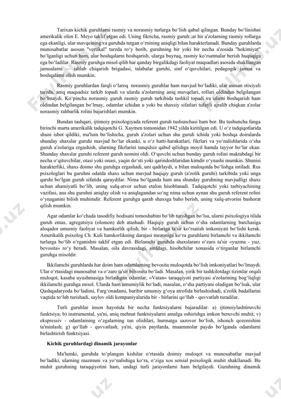 b, etnopsixologik ishlarga yagona ilmiy yondashuvni topish harakatlari sezilmokda. bu sohada mashhur rus etnografi va psixologi yu. bromley olib borgan ishlar, uning laboratoriyasida to‘plangan ma'lumotlar misol bo‘lishi mumkin. yu.v. bromley etnik guruhlar psixologiyasida ikki tomonni ajratib beradi: 1. psixik asos — etnik harakter, temperament, milliy an'analar va odatlardan iborat barqaror qism; 2. hissiyot sohasi etnik yoki milliy his-kechinmalarini o‘z ichiga olgan dinamik qism. lekin tadqiqotchilar nima uchundir, milliy psixologiya masalalari bilan shug‘ullanishganda, milliy qirralar yoki sifatlarni aniqlash bilan shug‘ullanadilar-da, u yoki bu millatlargagina xos bo‘lgan qirralarni topishga urinadilar, lekin fan-texnika rivojlangan, millatlar uyg‘unligi, millatlarning doimiy o‘zaro hamkorligi va muloqoti sharoitida, aralash nikohlar keng tarqalgan sharoitda faqat u yoki bu millatga xos bo‘lgan qirralar haqida gapirish juda qiyin. masalan, o‘zbeklar o‘rtasida o‘tkazilgan kichik tadqiqot natijasida shu narsa ma'lum bo‘ldiki, go‘yoki mehmondo‘stlik kamtarlik, samimiylik kabi ijobiy sifatlar o‘zbek xalqigagina xos emish. to‘g‘ri, bu sifatlar albatta, o‘zbeklarda bor. lekin, aynan shu sifatlar boshqa …