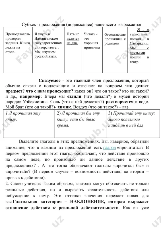 чают глаголы «прочитал бы» и «прочитай»? (в первом случае – возможность действия; во втором – призыв к действию). 2. слово учителя: таким образом, глаголы могут обозначать не только реальные действия, но и выражать желательность действия или побуждение к нему. эти оттенки значения передает новая для вас глагольная категория – наклонение, которая выражает отношение действия к реальной действительности. как вы уже поняли, в русском языке существует три вида наклонения: изъявительное, сослагательное (или условное), повелительное. обозначает действие, которое происходит (наст, вр.), происходило (прош. вр.), будет происходить (буд. вр.): пишу письмо — писал письмо — буду писать письмо обозначает действие, которое возможно при каком-либо условии или желательно: написал бы, прочитал бы обозначает действие, которое просят или приказывают выполнить: напишите, пожалуйста, письмо. сказуемое может быть простым и составным. сказуемое, выраженное одним глаголом называется простым глагольным. например: ташкент является столицей узбекистана. спортсмен имеет большой авторитет. составным называется такое сказуемое, которое состоит из неопределенной формы глагола …