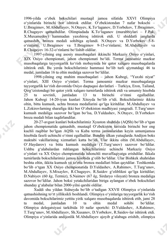 41 ta medal, ulardan 22 ta oltin medalni qo‘lga kiritdilar. 1994-yil – xirosima shahridagi xii osiyo o‘yinlari bo‘lib o‘tadigan yil. bu yerda mustaqil o‘zbekiston vakillari osiyo hamjamiyati oldida birinchi bor namoyon bo‘ldilar. sportchilarimizning osiyo o‘yinlaridagi ishtiroki natijalari juda salmoqli bo‘ldi. xorazm viloyati xo‘jayli shahri vakili a.avazboyev va toshkent viloyati bokschisi o.maskayev 91 kg gacha va 91 kg dan yuqori bo‘lgan eng og‘ir vazn toifalarida ishtirok etib, osiyo o‘yinlari g‘olibi bo‘ldilar. n.otayev (67 kg, buxoro), d.yorbekov (75 kg, samarqand) bronza medali sovrindorlariga aylandilar. 1994-yil o‘zbekiston bokschilarining xalqaro turnirda g‘olibona ishtiroki bilan boshlandi. hindiston poytaxti dehli shahrida o‘tkazilgan musobaqada 7 nafar sportchimiz g‘oliblikni qo‘lga kiritdilar. bular – d.xaitov (48 kg, buxoro), o‘.siddiqov (54 kg, qo‘qon), f.bakirov (63 kg, toshkent viloyati), n.otayev (67 kg, buxoro), i.berdiyev (71 kg, toshkent), i.bukin (75 kg, toshkent). ikki nafar sportchimiz: f.turdiyev (48 kg, andijon) va g.ibragimov (81 kg, toshkent viloyati) bishkek shahridagi (fevral, 1994 y.) xalqaro turnirda …