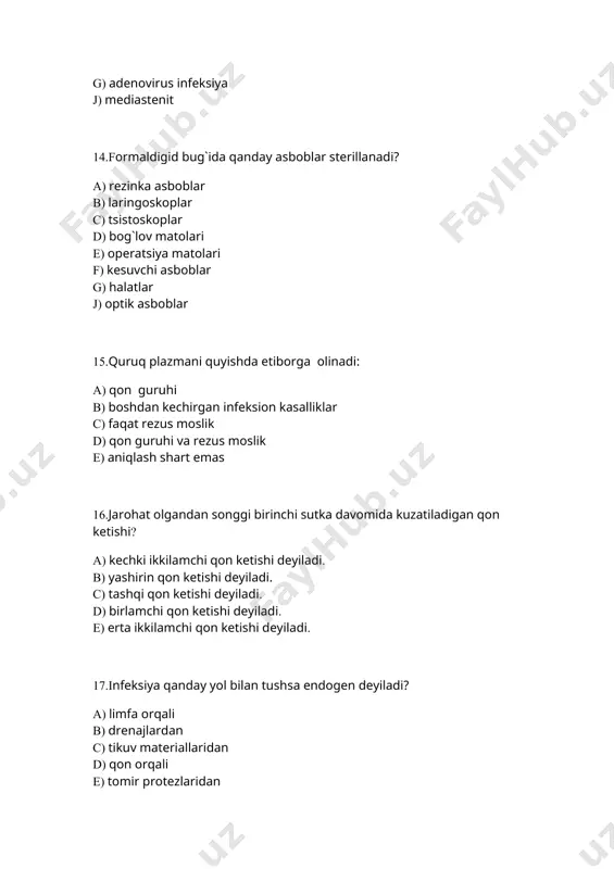 xatning bitish jarayonini tezlashtiradi? a) jaroxat chekkalarining mosligi b) ishtaxaning sustligi c) yaxshi qon bilan taminlanishi d) anemiya e) yalliglanish bolishi f) gipoprotenimiya g) innervatsiyaning saqlanganligi j) infeksiyaning yoqligi 34.tasir kiluvchi omilning xarakteriga kora qanday kuyishlar mavjud? a) termik b) biologic c) kimyoviy d) mexanik e) elektrdan f) jaroxatdan 35.xoxlagan paytda qilish mumkin bolgan, operatsiyaga tayyorgarlik muddati bir necha kun yoki xafta davom etishi mumkin bolgan operatsiyalar nima deb ataladi? a) tezkor operatsiya b) zudlik bilan qilinadigan operatsiya c) rejali operatsiya d) kechiktirilgan operatsiya e) shoshilinch operatsiya 36.boglov materiallari qanday sterillanadi? a) nurlash b) quruq yuqori issiq shkafda c) antibiotiklar sepish bilan d) qaynatib e) avtoklavda 37.klinik kurinishi buyicha sepsisning 4 turi? a) chakmoksimon b) surunkali bulmagan c) sekin rivojlanuvchi d) utkir e) retsediv bermaydigan f) tez rivojlanuvchi g) surunkali j) utkir osti 38.implantatsion infeksiyani oldini olishga nima kiradi? a) asboblarni sterillash b) havoni sterillash c) qon tomir protezlarini sterillash …