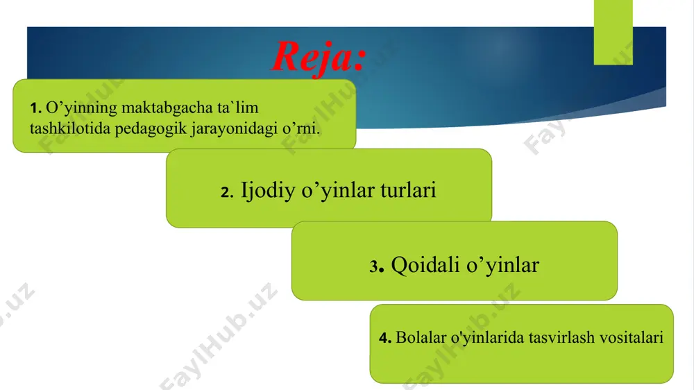 odiy o’yinlar turlari qurish- yasashga doir o‘yinlar; syujetli-rolli o‘yinlar saxnalashtirilgan o‘yinlar · bolalarning tevarak-atorfdagi hayotdan, tengdoshlari, kattalar faoliyatidan olgan taassurotlari ijodiy o’yinda qayta ishlanadi, to’ldiriladi, sifat jihatidan o’zgartiriladi. bolalarning bunday o’yinlari tevarak-atrofdagi borliqni bilishning amaliy shaklidir. bolalar o’yinining o’ziga xos tomoni unda tasvirlovchi vaziyatlarning mavjudligidir. tasvirlovchi vaziyat bolalarga o’yin jarayonida yuklangan rol va o’yin syujetidan tashqil topadi va har xil buyumlardan foydalanishni ham o’z ichiga oladi. bolaning aqliy tomondan rivojlanishi uchun ham o’yin katta ahamiyatga ega. o’yin natijasida bolaning bilimi kengayib boradi. rolli o’yinlar bolaning kuzatuvchanligini, qiziquvchanligini , bilish doirasini rivojlantiradi, boyitadi. o’yinda bola o’z oldiga maqsad qo’yadi, bu boladan aql, idrok ishlatishni talab qiladi, topag’onlikka o’rgatadi. o’yin jarayonida juda ko’p gaplashishga, tortishishga, baxslashishga, aytib beirshga to’g’ri keladi. bolalar o’zi yasayotgan narsalarini yaxshiroq yasash, qurish uchun juda ko’p o’ylab, fikrlashishlariga to’g’ri keladi. bular hammasi bola tafakquri va xayolining rivojlanishida muhim ahamiyatga egadir. syujetli-rolli o’yin – maktabgacha yoshdagi bolalarning asosiy o’yin …