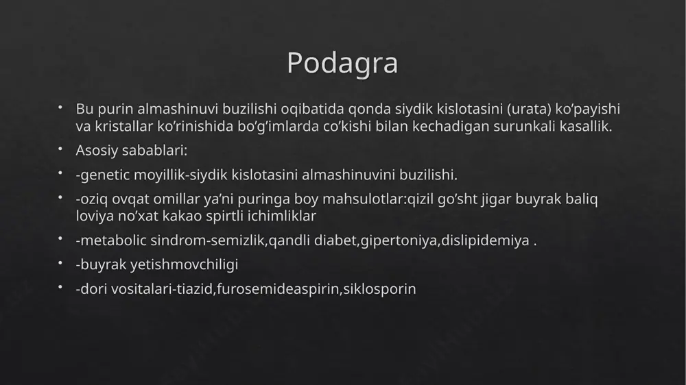 . podagraning tipik klinik belgisi – vaqti-vaqti bilan paido bo'luvchi o'tkir podagra artritidir. intermittirlovchi podagra o'tkir hurujlarning hurujlararo simptomsiz kechuvchi davri bilan almashinib turishi bilan harakterlanadi. ko'pchilik bemorlarda kasallikning klinik aniqlanishi mumkin bo'lgan boshlanish davri to'satdan, ko'pincha tunda, ko'p hollarda tongga yaqin («ho'roz qichqirishi bilan») boshlanadigan birinchi o'tkir podagra hurujiga to'g'ri keladi. bemor sog'lom holda uhlashga yotib, bir yoki bir nechta bo'g'imda paydo bo'lgan kuchli pulsasiyalanuvchi, kuydiruvchi, siquvchi og'riqdan uyg'onib ketadi. kasallik debyutida ko'pincha oyoqlarning bo'g'imlari zararlanib, asimmetrik zararlanish hususiyatiga ega. podagra jarayoniga oyoq panjalari bo'g'imlari, boldir-tovon, tizza, qo'l panjalari barmoqlari, tirsak va boshqa bo'g'imlar qo'shilib boradi. bemorlarning 60-75% ida podagraning dastlabki klinik belgilari oyoq panjalari bosh barmog'ining birinchi panja-falanga bo'g'imida paydo bo'ladi. ba’zan kasallik poliartrit tipida boshlanadi urikozuriya darajasiga ko'ra giperurikemiyaning 3 turi va shunga mos podagraning 3 turi farqlanadi 1.metabolik - 60 % bemorlarda uchraydi yuqori uraturiya (3,6 mmol/sut ortik) siydik kislotasini normal klirensi. 2.buyrak turi - 10 …