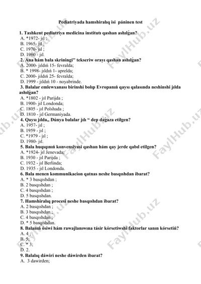 pediatriyada hamshiralıq isi páninen test — DOCX
