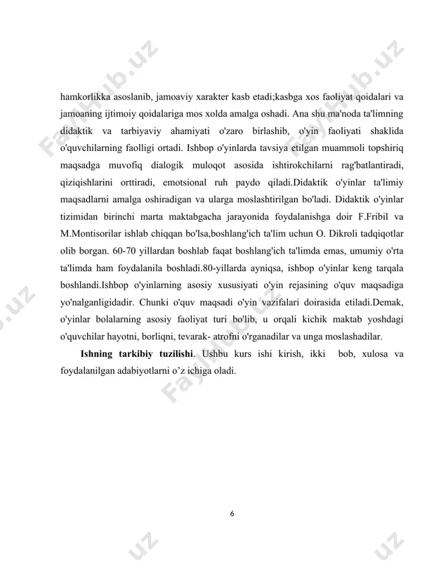 di. 1.1.o’yin turlari. ma'lumki, bolalar o'yining sifati va samaradorligi unda ishtirok etuvchilaring hayotiy kuzatishlari va shaxsiy tajribasiga bevosita bog'liq bo'ladi.bunda onglilik,tashabbuskorlik va irodalilik kabi sifatlar ahamiyat kasb etadi. shu sababli turli ijtimoiy- psixologik tavsifga ega o'yinlargan o'quv jarayonida foydalanish, shak.shubhasiz o'z samarasini ko'rsatadi. o'yin inson o'zligining namoyon bo'lishi, uning takomillashuv usulidir. o'yin kattalar hayotida muayyan o'rin tutar ekan, u bolalar uchun alohida ahamiyatga egadir.uni cbolalikning hamrohiv deb atash qabul qilingan. u maktabgacha yoshdagi bolalar hayotining asosiy mazmunini tashkil etadi. mehnat va ta lim bilan uzviy aloqada bo'lgan holda etakchi faoliyat sifatida namoyon bo'ladi. bola shug'ulanadigan ko'pchilik jiddiy ishlar o'yin shaklida bo'ladi. o'yinda shaxsdagi barcha mavjud jihatlar ishga tushadi: bola harakat qiladi, gapiradi, idrok etadi, o'ylaydi. o'yin tarbiyaning muhim vositasi sifatida namoyon bo'ladi.o'yin qadim zamonlardan beri pedagog, psixolog, faylasuf, etnograf,san'atshunos olimlar diqqatini o'ziga tortib kelgan bo'lib, jamiyat hayotida mehnatdan keyin turadi va uning mazmunini belgilaydi. ibtidoiy jamoa qabilalari o'z o'yinlarida ovchilik, …