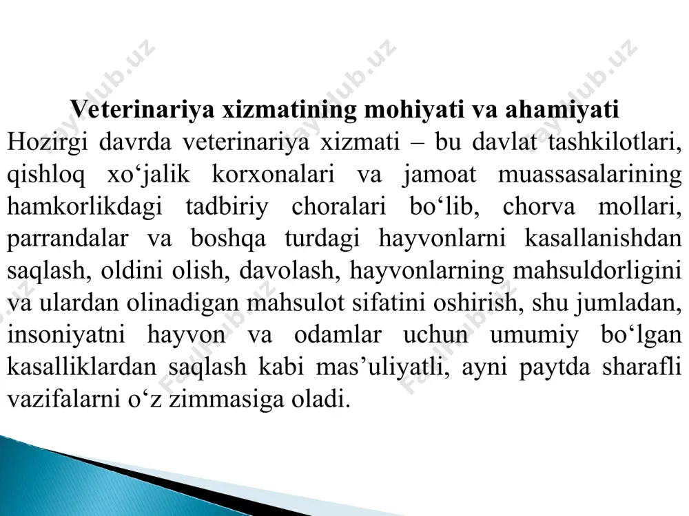 port qilish; hayvonotga mansub mahsulot va xom ashyoni veterinariya, veterinariya-sanitariya qoidalari va normalariga muvofiq ishlab chiqarish; hayvonlar yuqumli kasalliklarining oldini olish va ularni tugatishga doir chora-tadbirlarni amalga oshiradi; sog‘liqni saqlash organlari va boshqa organlar bilan birgalikda hayvonlar va odam uchun xavfli bo‘lgan yuqumli kasalliklar o‘choqlarini tugatadi, shuningdek o‘zaro axborot almashishni amalga oshiradi; barcha chorvachilik ob’ektlarining, qushxonalarning, kelib chiqishi hayvonotga mansub mahsulot va xom ashyoni qayta ishlovchi korxonalarning, kelib chiqishi hayvonotga mansub mahsulot va xom ashyoni realizatsiya qiladigan va saqlaydigan savdo shoxobchalarining, omborlarning veterinariya-sanitariya holatini nazorat qiladi, bu ob’ektlarni qurish va rekonstruksiya qilishning, shuningdek yer qazish ishlarining veterinariya ekspertizasini amalga oshiradi; hayvonlar kasalliklariga tashxis qo‘yish, ozuqalarning, shuningdek chorvachilik ob’ektlarida ichimlik suvining sifatini baholash maqsadida laboratoriya tekshiruvlari hamda boshqa tekshiruvlar o‘tkazadi; yuridik va jismoniy shaxslardan hayvonlarning yuqumli kasalliklari tarqalishining oldini olishni hamda ularning tugatilishini ta’minlovchi chora-tadbirlar o‘tkazilishini, shuningdek epizootik vaziyatni aniqlash uchun zarur bo‘lgan axborot taqdim etilishini talab qiladi; hayvonlarning va odamning …