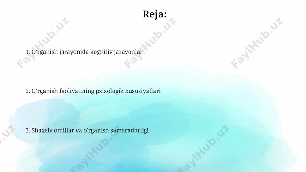 trinsik motivatsiya yuqori, 15-18 yoshli o'smirlarda esa intrinsik motivatsiya ustun keladi. o'rganish faoliyatining samaradorligi 20% motivatsiya, 80% esa o'quvchining bilimga bo'lgan qiziqishi va o'ziga ishonchiga bog'liq ekanligini amerika psixologlari tadqiqotlari ko'rsatgan. o'rganish jarayonida kognitiv jarayonlar o'quv materialining tushunarliligi va tuzilishi o'rganish samaradorligiga sezilarli ta'sir ko'rsatadi. masalan, 2005 yilda o'tkazilgan tadqiqotlar shuni ko'rsatdiki, yaxshi tuzilgan matnlarni o'qishda xotirada saqlanish darajasi 40% ga oshgan. kognitiv yuk nazariyasi (sved, 1988) ga ko'ra, o'rganuvchining kognitiv resurslari chegaralangan bo'lib, murakkab vazifalar 30% dan ortiq kognitiv yukni keltirib chiqarishi, natijada o'zlashtirish samaradorligini pasaytirishi mumkin. o'rganish jarayonida ishchi xotiraning (7 ± 2 birlik) cheklangan sig'imi, ma'lumotlarni qayta ishlash va saqlashda muammolar tug'dirishi, shuning uchun samarqanddagi o'qituvchilar ta'limda turli mnemonik usullardan foydalanishni taklif qilishadi. e'tiboringiz uchun rahmat @taqdimot_robot image1.png