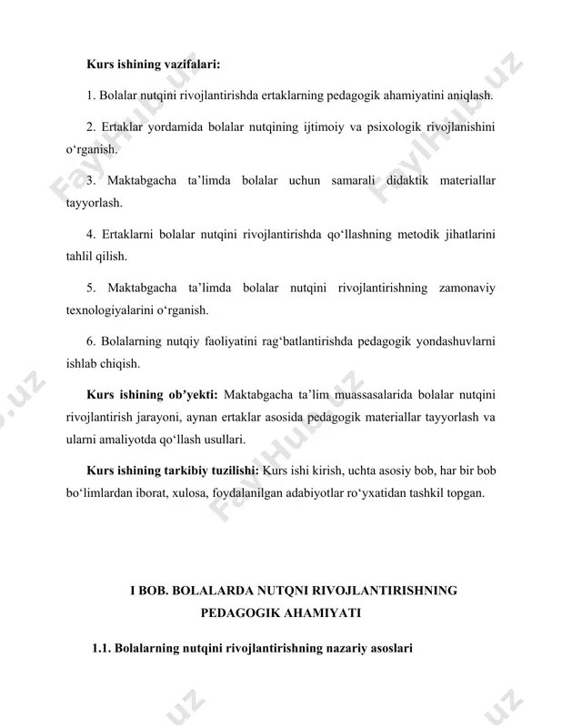 rivojlantirish, maktabgacha ta’limning asosiy yo‘nalishlaridan biridir. nutq, insonning ichki dunyosini va atrof-muhit bilan o‘zaro aloqasini ifodalovchi vosita sifatida, bolalar rivojlanishining asosiy jihatlaridan biri hisoblanadi. nutqning shakllanishi nafaqat lingvistik omillarga, balki psixologik, pedagogik va ijtimoiy sharoitlarga ham bog‘liqdir. maktabgacha yoshdagi bolalar uchun nutq rivojlanishi, ularning o‘zini ifoda etish qobiliyatini, fikrlash va muloqot qilish ko‘nikmalarini mustahkamlashda alohida o‘rin tutadi. pedagogik nazariyada bolalar nutqining rivojlanishi haqida turli yondashuvlar mavjud. birinchi yondashuvga ko‘ra, nutq rivojlanishi tabiiy jarayon sifatida qaraladi, ya'ni, bolaning psixikasi va til mahorati o‘rganish jarayonida takomillashadi. ikkinchi yondashuvda esa, nutqni rivojlantirishga bo‘lgan pedagogik yondashuvlar asosida, o‘qituvchilar va tarbiyachilarning faoliyati bolalar nutqini faol rivojlantirishda muhim rol o‘ynaydi. shu sababli, bolalar nutqini rivojlantirishda pedagogik faoliyatning bevosita ta'siri alohida ahamiyatga ega. bolalar nutqini rivojlantirishning nazariy asoslari, birinchi navbatda, til va nutqning rivojlanishi, psixologik yondashuvlar va ijtimoiy muhitning ta'sirini o‘z ichiga oladi. psixologik nazariyalar, ayniqsa, vygotskiy va piagetning rivojlanish nazariyalariga asoslanadi. vygotskiy, bolalarning nutqi atrof-muhit va …