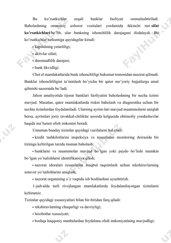 atlarini boshqarish rate 1998 riskni baholashning yalpi tizimi aqsh barcha nazorat organlari camels 1978 tekshiruv natijalari bo’yicha joyida reyting berish. · texnik ta’minot darajasi; · pul va inson omili. xalqaro hisob-kitoblar bankida o’tkazilgan tadqiqotga ko’ra diagnostika tizimini shakliy belgilariga qarab to’rtta keng toifalarga ajratish mumkin: · banklarni baholashning reyting tizimi; · moliyaviy koeffitsiyentlar va guruhlab tahlil qilish tizimlari; · bank riskini baholashning yalpi tizimlari; · statistik modellar. qator tizimlardan foydalanish, hech bo’lmasa, ulardan bittaganing muammoli bankni aniqlab berishi ehtimolini oshiradi. tizimlar sifatini baholashda asosan kompyuter yordamida amalga oshiradilar. ularning ayrimlarida ekspert xulosalar asosiy o’rin tutsa, boshqalarida kompyuter dasturlarining hisob-kitoblari ustunlik qiladi. reyting asosan, bankning yillik faoliyati natijalari asosida beriladi. banklarni baholash (audit)ning bugungi kunda xalqaro amaliyotda o’rin olgan usullaridan biri «camel» reyting tizimidir. 1978 yilda aqsh banklaridan biri bo’lgan «sheshunoff bank» ning ekspertlari bank faoliyatini quyidagi 7 guruh omillar asosida tahlil qilish va baholash uslubini ishlab chiqdilar: · bankning o’sishi …