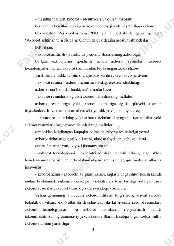 lgan axborot. o`zbekiston respublikasining 2003 yil 11 dekabrida qabul qilingan “axborotlashtirish to`g`risida”gi qonunida quyidagilar asosiy tushunchalar keltirilgan: - axborotlashtirish - yuridik va jismoniy shaxslarning axborotga bo`lgan extiyojlarini qondirish uchun axborot resurslari, axborot texnologiyalari hamda axborot tizimlaridan foydalangan xolda sharoit yaratishning tashkiliy ijtimoiy iqtisodiy va ilmiy texnikaviy jarayoni; - axborot resursi – axborot tizimi tarkibidagi elektron shaklidagi axborot, ma`lumotlar banki, ma`lumotlar bazasi; - axborot resurslarining yoki axborot tizimlarining mulkdori – axborot resurslariga yoki axborot tizimlariga egalik qiluvchi, ulardan foydalankuvchi va ularni tasarruf etuvchi yuridik yoki jismoniy shaxs; - axborot resurslarining yoki axborot tizimlarining egasi – qonun bilan yoki axborot resurslarining, axborot tizimlarining mulkdori tomonidan belgilangan huquqlar doirasida axborot resurslariga yoxud axborot tizimlariga egalik qiluvchi, ulardan foydalanuvchi va ularni tasarruf etuvchi yuridik yoki jismoniy shaxs; - axborot texnologiyasi – axborotni to`plash, saqlash, izlash, unga ishlov berish va uni tarqatish uchun foydalaniladigan jami uslublar, qurilmalar, usullar va jarayonlar; - axborot tizimi – axborotni …