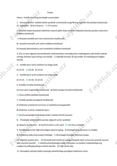 yoshlik davrining psixologik xususiyatlari testlar to‘plami — DOCX