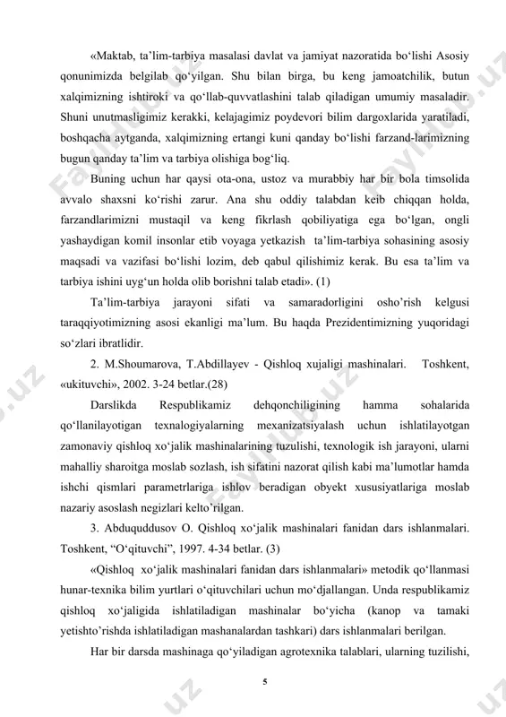 ish kabi ma’lumotlar hamda ishchi qismlari parametrlariga ishlov beradigan obyekt xususiyatlariga moslab nazariy asoslash negizlari kelto’rilgan. 3. abduquddusov o. qishloq xo‘jalik mashinalari fanidan dars ishlanmalari. toshkent, “o‘qituvchi”, 1997. 4-34 betlar. (3) «qishloq xo‘jalik mashinalari fanidan dars ishlanmalari» metodik qo‘llanmasi hunar-texnika bilim yurtlari o‘qituvchilari uchun mo‘djallangan. unda respublikamiz qishloq xo‘jaligida ishlatiladigan mashinalar bo‘yicha (kanop va tamaki yetishto’rishda ishlatiladigan mashanalardan tashkari) dars ishlanmalari berilgan. har bir darsda mashinaga qo‘yiladigan agrotexnika talablari, ularning tuzilishi, ishlashi, ishlatishda sodir bo‘ladigan nuqsonlarni tuzatish, ularning to‘g‘ri ishlatilishini tashkil etish masalalari ko‘rib chiqilgai. metodik qo‘llaimadan qishloq maktablarining mehnat ta’limi o‘qituvchilari ham foydalanishlari mumkin. 4. holiqov a. pedagogik mahorat. toshkent, “tafakkur bo‘stoni”, 2011, 48-63 betlar.(26) ushbu darslikda muallif hozirgi kunda "pedagogik mahorat" fanida erishilgan eng so‘nggi yutuqlar nuqtai nazaridan yondashgan. o‘qituvchilik kasbi - hamisha navqiron kasb sifatida e’zozlanib kelingan. shuning uchun ushbu kasbiy faoliyatning ilmiy - nazariy va amaliy - metodik asoslari yildan yilga o‘z xususiyatlarini boyitib bormoqda. darslikda …