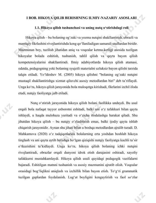 oya qilish faqat eshitish faoliyati emas, balki emotsional idrok, obrazli fikrlash, situatsiyani tushunish, obrazlar o‘rtasidagi munosabatlarni tasavvur qilish, voqeani o‘z nutqida qayta ifodalash, muammoli vaziyatlarga yechim izlash, xulosa chiqarish singari ko‘nikmalarni shakllantiradi. tarbiya jarayonida tarbiyachining hikoya qilish uslubidagi ohangdorlik, mimika, imo-ishora va hissiy yondashuvi ham bolalarning hikoyani idrok etish darajasiga kuchli ta’sir ko‘rsatadi. masalan, kattabekova n. (2021) ta’kidlaganidek, hikoya qilish jarayonida pedagogning ovoz ohangi, pauzalar, ko‘z bilan aloqa o‘rnatish bolalar diqqatini saqlab qolishga va tinglangan matnni yaxshiroq tushunishga yordam beradi. hikoya qilish o‘rgatilayotganda quyidagi bosqichlarga amal qilish tavsiya etiladi: 1. tayyorlov bosqichi – bu bosqichda bolalar hikoya mazmuniga kirib borish uchun kerakli lug‘at va tushunchalar bilan tanishtiriladi. 2. hikoya qilish bosqichi – pedagog voqeani mazmunli, ifodali va tushunarli tarzda bayon etadi. 3. mustahkamlash bosqichi – bolalarga savollar berish, rasm asosida hikoyani qayta tiklash, rolli o‘yinlar orqali hikoyani jonlantirish kabi mashg‘ulotlar tashkil etiladi. ushbu bosqichlar pedagogik jihatdan asoslangan va har biri …