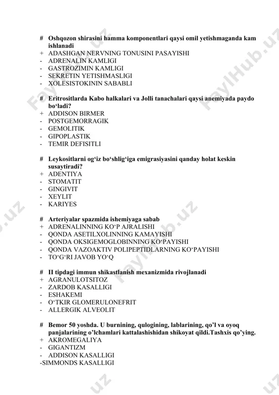 eparatlarini yuborish # qorincha fibrilyasiyasi bu … + alohida kardiomiosit guruhlarining xaotik qisqarishi - qorinchaning yakka erta qisqarishi - yurak qisqaruvchanligini tiklanishi - bradikardiya daqiqada 40 60 dan kam marom bilan - qorinchada qo‘zg‘alishning sekinlashishi # qaysi biri yalliglanishni kuproq ifodasi ? + alterasiya bilan adaptatsiya kompensator reaksiyalarni birdamligi - ximoya moslanish reaksiyasi - tipik patologik jarayon - xujayrani transformatsiyasi - organizmni shikastlovchi omillar ta’siriga berilgan javob reaksiyasi # kapillyarlar va to’qimalar orasidagi suv almashuvini qaysi omillar belgilaydi? + alteratsiyani chaqiruvchi kompleks omillari - kapillyarlardagi qonning gidrostatik bosimi va to’qima qarshiligi - qon plazmasini va to’qima suyuqligini kolloid osmotik bosimi - kapillyar devorining o’tkazuvchanligi - elektrolit balansini doimiyligi # ko‘rsatilganlarning qaysi biri gazli asidoz uchun xosdir ? + alveolyar havoda co2 miqdori oshgan - qonda bikarbonat miqdori oshgan - bikarbonat miqdori kamaygan - qonda ph miqdori = 7,44 - peshobning kislotaliligi kamaygan # qaysilar endogen pirogenlarning ishlanib chiqadigan joyi + …