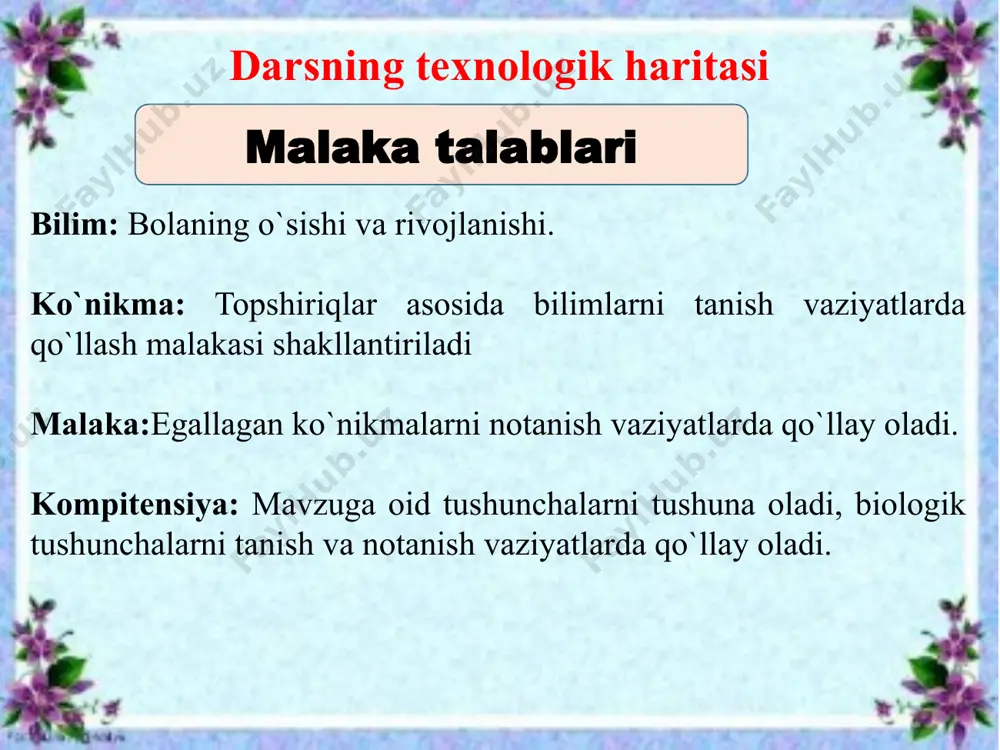 hi: o`quvchilar mavzu yuzasidan bilim va ko`nikma hosil qiladilar, mustaqil fikrlay oladilar, qisqa vaqt ichida ma’lumotlarga ega bo`ladilar. kelgusi rejalar: o`qituvchi: pedagogik texnologiyalarni o`zlashtirish va darsga tatbiq etish, takomillashtirish, akt vositalaridan unumli foydalanish yo`llarini o`rganish, o`z ustida ishash o`quvchi: mustaqil tadqiqot, izlanishni yo`lga qo’yadi, o`z fikrini savodli ifodalay olish va do`stlarini fikrini hurmat qilishga o`rganish mavzu asosida qo`shimcha materiallar izlab topishga harakat qilish, ularni o`rganish. do`stona muhitda hamkorlikda ishlash ko`nikmasini shakllantirish. uyga vazifa: mavzuni o`qib o`rganib kelish. dars bosqichlari vaqt tashkiliy qism. 3 daqiqa yangi mavzuni boshlashga hozirlik 12 daqiqa yangi mavzuni yoritish 12 daqiqa guruhlarda ishlash. yangi mavzuni tahlil qilish 15 daqiqa darsni yakunlash 3 daqiqa uyga beriladigan topshiriqlar 3 daqiqa darsning texnik chizmasi: darsning borishi : tashkiliy qism: 1. salomlashish. 2. davomadini aniqlash. 3. darsga tayyorgarlik ko’rish. uyga vazifani tekshirish: konspektni tekshirish , savol-javob tariqasida uyga vazifani so’rash. go’daklik davri. bu davr 1 oydan bir yoshgacha davom etadi. …