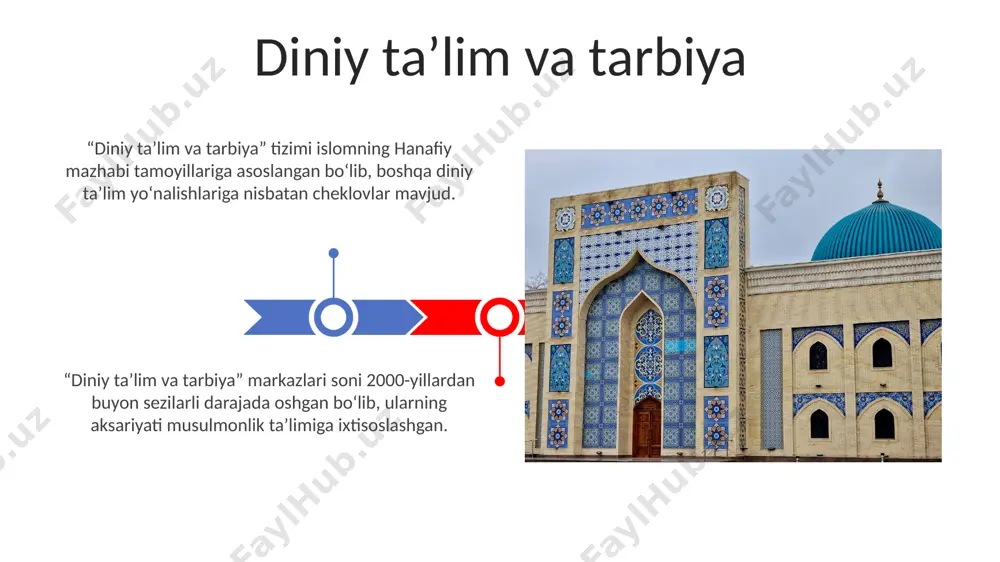 shkilotlarning 20 dan ortiq loyihalari ijtimoiy himoya, ta’lim va madaniy rivojlantirishga qaratilgan bo'lib, ularga 5000 dan ziyod odam jalb qilingan. o'zbekistondagi diniy konfessiyalar 100 dan ziyod masjid, cherkov va ibodatxonalar orqali ehson, xayriya tadbirlari va ijtimoiy yordam ko'rsatish bilan shug'ullanmoqda. diniy ekstremizm va terrorizmga qarshi kurash “diniy ekstremizm va terrorizmga qarshi kurash” doirasida o'zbekistonda 2017-2022 yillar oralig'ida 1500 dan ortiq diniy ekstremizmga aloqador shaxs hibsga olingan. 2023 yilda diniy ekstremizm va terrorizm tahdidi darajasini pasaytirish maqsadida, davlat tomonidan 50 dan ortiq profilaktik dastur amalga oshirildi. ziyoratgohlar va diniy obidalar ziyoratgohlar va diniy obidalarning saqlanishi va ta'mirlanishiga har yili o'rtacha 10 million aqsh dollari miqdorida mablag' ajratiladi. bu obidalarning 15% dan ortig'i yuneskoning jahon merosi ro'yxatiga kiritilgan tarixiy-arxitektura yodgorliklari hisoblanadi. oʻzbekiston konstitutsiyasi va diniy erkinlik konstitutsiya, diniy ekstremizm va terrorizmga qarshi kurashni ta'minlash maqsadida, diniy tashkilotlarning faoliyatiga ba'zi cheklovlar qoʻyadi. bu cheklovlar soni va turi aniq belgilanmagan. davlat tomonidan roʻyxatdan oʻtgan …