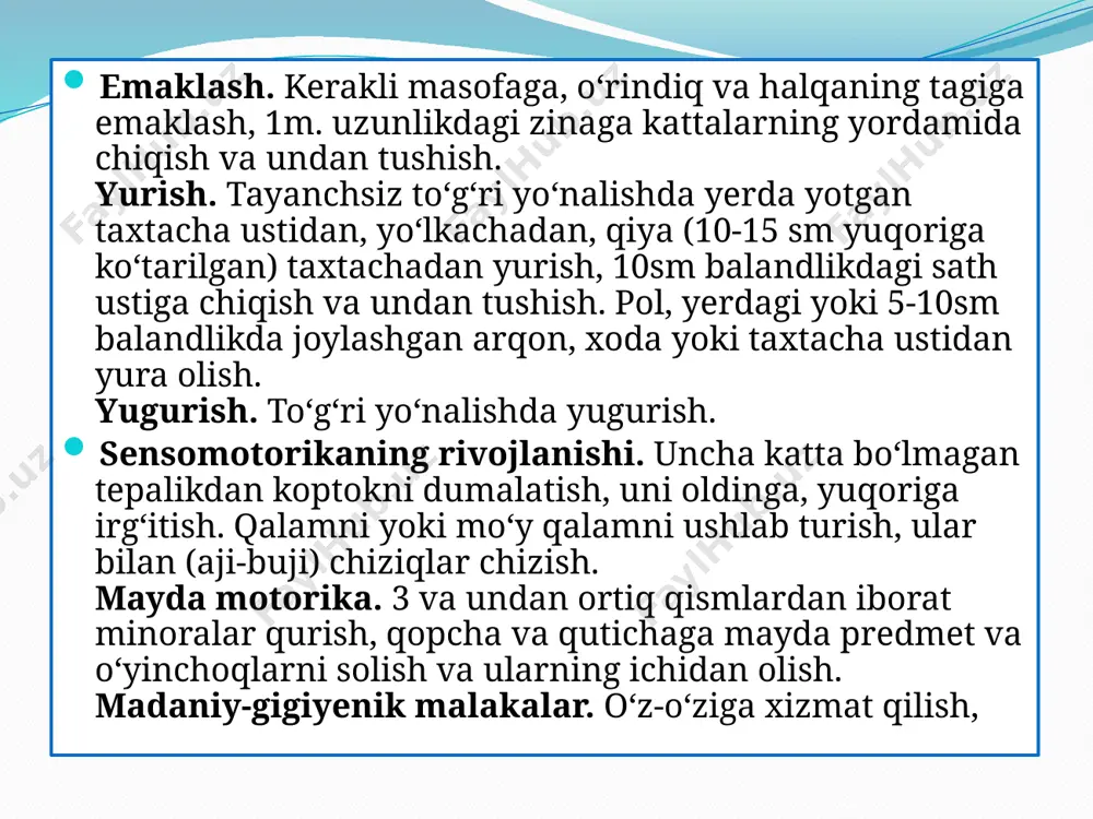 ena talablariga va xavfsizlik qoidalariga jiddiy rioya qilinadi. mashg‘ulotlar ochiq havoda, shu bilan birga maxsus jihozlangan sport zalida o‘tkaziladi. maktabgacha ta’lim davrida bolalarni jismoniy tomondan tarbiyalashning asosiy maqsadi bolalardagi turli ko‘nikma va malakalarni shakllantirish, ulardagi kuchlilik, tetiklik, chaqqonlikni amalga oshirish, ziyraklik kabi jismoniy sifatlarni rivojlantirishdan iboratdir. muntazam ravishda o‘tkaziladigan jismoniy mashg‘ulotlar bolalarning o‘sish va rivojlanish jarayoniga ijobiy ta’sir qilib, ijodiy imkoniyatlarini oshiradi. bular asosiy harakatlar (yurish, yugurish, sakrash, irg‘itish, ilib olish, emaklash, sirpanish); oyoq va tana uchun umumrivojlantiruvchi mashqlar (turli buyumlar yordamida va ularsiz) raqs mashqlari, saflanish va qayta saflanish, harakatli o‘yinlar, turli sport o‘yinlarining muhim xususiyatlarini egallash, sport mashqlari, rolikli konkida sayr qilish, velosipedda yurish, suzish va boshqalardan tashkil topadi. bolalarni xalqimizning eng buyuk an’analari ruhida tarbiyalash nihoyatda muhimdir. o‘zbek xalqi boshqa xalqlar kabi o‘zining qadimiy an’anaviy o‘yinlariga ega. ular asrlar mobaynida shakllanib va sayqal topib bugungi kungacha yetib keldi. dasturga zamonaviy harakatli o‘yinlar qatoriga ana shunday o‘zbek xalq …