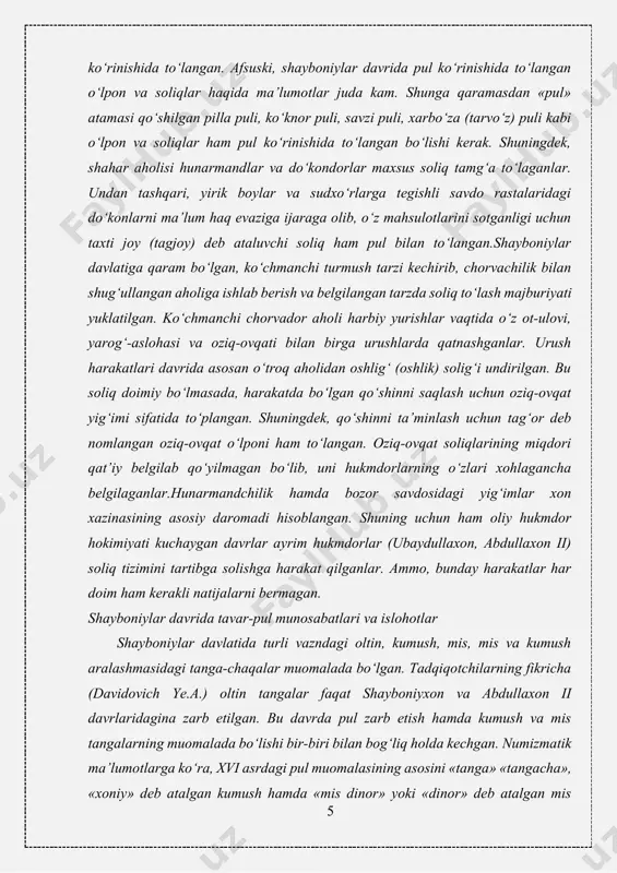 b keldi. undan tashqari shayboniylar va boburning mis tangalarni ko‘proq zarb ettirib muomalaga kiritish orqali daromadlarini ko‘paytirish yo‘lidagi harakatlari pulning qadrsizlanishini yanada kuchaytirdi. shayboniylarning hokimiyatni mutlaq qo‘lga kiritishi va siyosiy vaziyatning barqarorlashuvi ham pul qadrsizlanishining oldini ololmadi. chunki, bozorlarda mis pullar nihoyatda ko‘payib ketib, mahsulot narxidan ancha oshib ketdi. kumush pullar butunlay muomaladan chiqib, zarb etilmay qo‘ydi. bu holat mamlakatda yangidan pul islohoti o‘tkazish zaruriyatini tug‘dirdi. ammo, kumush pullar zarb etilishi va muomalaga kirishidan tushgan daromadning asosiy qismi davlat g‘aznasiga tushmas edi. yirik mulk egalari tangalarga hukmdor nomi va unvonini qo‘shib zarb etsalar-da, zarbxonalardan kelgan daromadni o‘zlariga qoldirar edilar. davlatning asosan to‘rtta shahrida – buxoro, samarqand, balx va toshkentda doimiy ravshda ko‘p sonli kumush tangalar zarb etilishiga qaramay karmana, totkend (zarafshon vohasi), axsi, kesh, hisor, yassa kabi shaharlarda ham kam bo‘lsa-da, zarbxonalar ishlab turgan. natijada, xvi asrning o‘rtalariga kelib kumush pullarning qiymati tushib ketdi. undan tashqari mamlakat tashqarisida ham (mas. …