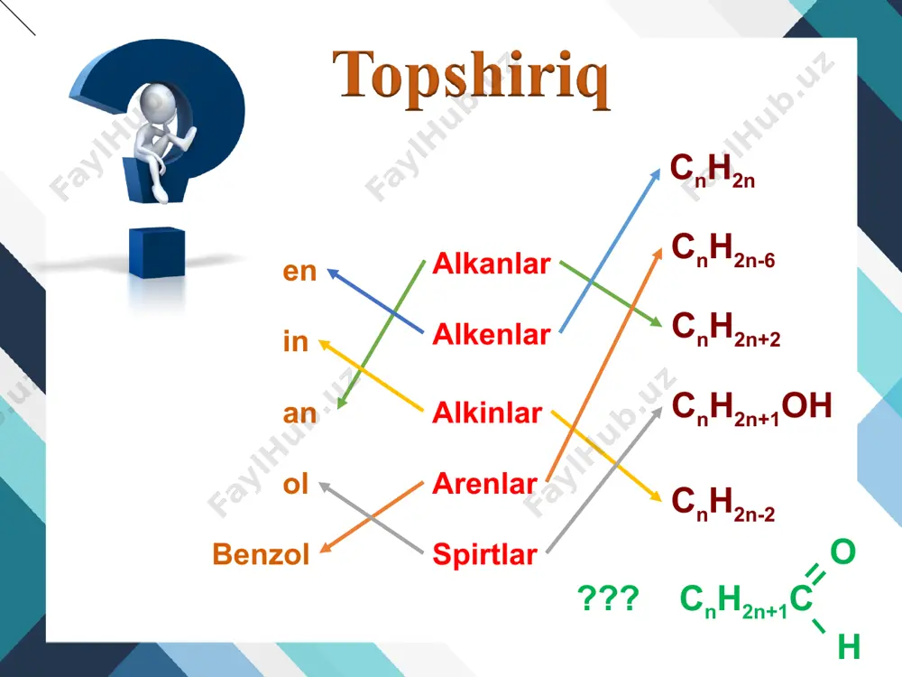 uoh h oh o o t0 cu2o h2o t0 ni сн3 – соh + н2 ch3 – ch2 – oh etanal etanol (atsetaldegid) (etil spirti) qaytarilish reaksiyasi (n+1)с6н5он+nнсон→[- ch2–c6h3oh - ]n-1+nh2o fenol formaldegid fenolformaldegid smolasi polikondensatsiya reaksiyasi formaldegid teri ishlab chiqarishda tibbiyotda fenolformaldegid smolasi olishda qishloq xo’jaligida formaldegid sirka aldegid etil spirti sirka kislota plastmassa atsetat tola atsetaldegid vanil mevasida o’ziga xos hid beruvchi aromatik aldegid vanilin mavjud. vanilindan attorlikda, konditer mahsulotlari ishlab chiqarishda ishlatiladi. vanilin sitrus hidi bu dien aldegidlari bilan bog'liq. ulardan uy kimyoviy moddalari, kosmetika va parfyumeriya moddalarining hidlari sifatida ishlatiladi. sitral dolchin aldegidi dolchin aldegidi dolchin yog'ida mavjud bo'lib, dolchin daraxtining qobig'ini haydash yo’li bilan olinadi. u tayoqcha yoki kukun shaklida oshxonada ishlatiladi. benzaldegid benzaldegid - achchiq bodom hidli suyuqlik. u o’rik va shaftoli urug’ida uchraydi. feniletanal benzaldegid bilan solishtirganda feniletanal gul hidining retseptorlari bilan yaxshi mos keladi. feniletanal hidi giatsint hidi kabidir. 1. ( aldegidlaning …