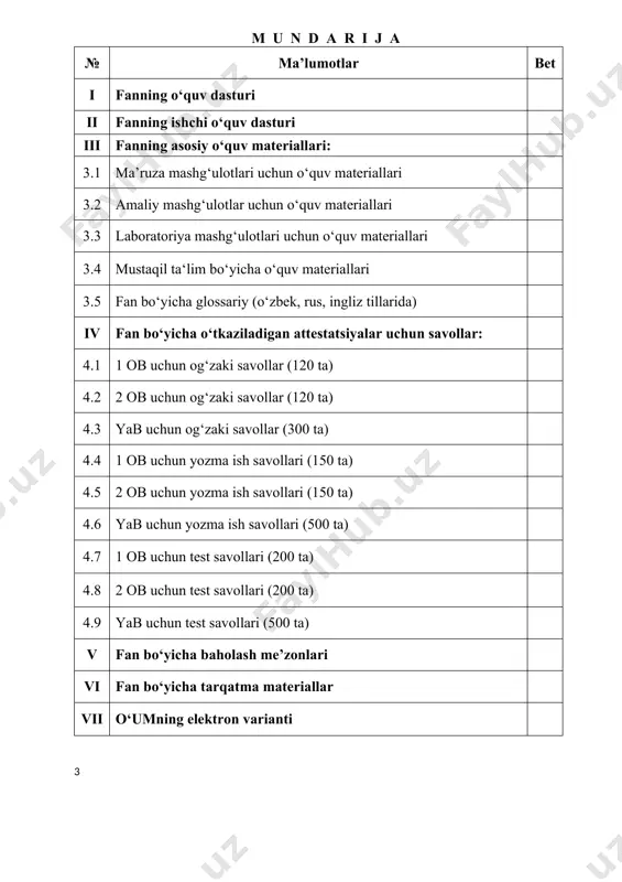 adi. “ilmiy izlanish asoslari” fanining bakalavriatura o‘quv dasturiga kirgizilib o‘qitilishining asosiy maqsadi, talabalarni dastlabki oliy o‘quv yurtidagi taxsil vaqtidan ilmiy izlanish ishlariga jalb etish, uning natijalarini amaliyotga tadbiq etish va shu bilan birga mustaqil ishlovchi mutaxassislarni tarbiyalashdir. “ilmiy izlanish asoslari” fanining bo‘lajak bakalavrlartayyorlashdagi muhim o‘rni shundan iboratki, bunda talabalar ilmiy izlanish asoslari haqidagi bilimlarini yanada chuqurlashtirib, tanlangan tahlim yo‘nalishlari bo‘yicha, ilmiy izlanish va tajriba ishlarini tashkil etish va bajarish uslubiy qo‘llanmalariga ega bo‘ladilar, ilmiy izlanish asoslari metodologiyasi, ijodkorlik ilmiy asosini o‘rganish bilan birga, o‘zlarining ijodiy o‘ylovlarini aktivlashtiradilar va har bir masalada erkin ilmiy munosabatda bo‘lishga o‘rganadilar. shu bilan birga, ixtirochilik varatsionalizatorlik tushunchalari asoslari, mualliflik haq-huquqi, o‘zbekiston respublikasi sanoat mulkchiligi qonuni, o‘zbekiston respublikasi va chet el ilmiy izlanish tashkilotlari strukturasi va boshqalar bilan tanishib nazariy va amaliy bilim va ko‘nikmalarini oshiradilar. talabalar bo‘lajak oliy o‘quv yurtidagi tahsili vaqtida o‘quv rejasidagi fanlardan kurs ishlari (loyihalari), ilmiy referatlar, ilmiy anjumanlarda mahruzalar, bitiruv malakaviy …