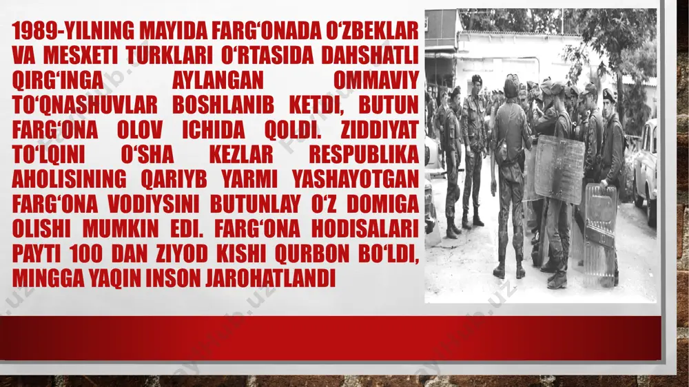 bbatining ifodasidir. millatidan qat’i nazar, vatandoshlarimizning islom karimovga bo‘lgan chuqur hurmati va mehr-muhabbatining boisi va tarixiy qadr-qimmati ham ana shunda», — deyiladi. o‘zbekiston kompartiyasi markaziy qo‘mitasi komissiyasi e’lon qilgan ma’lumotlarga qaraganda, may-iyun oylarida yuz bergan to‘qnashuvlarda 103 kishi nobud bo‘lgan, ularning 52 nafari mesxeti turk, 36 nafari o‘zbek, qolganlari boshqa millatlarga mansub kishilar. 1011 kishi tan jarohati olgan, ichki qo‘shinlarning 137 harbiy xizmatchisi, milisiyaning 110 xodimi yaralangan. aholining 757 uyi, davlatning 27 ob’ektiga o‘t qo‘yilgan va talon-taroj qilingan. 275 ta transport vositasiga o‘t qo‘yilgan. fojiadan so‘ng mesxeti turklari rossiyaga ko‘chirilgan. hozirda ular rossiya, ozarbayjon, aqsh va turkiyada yashaydi. ziddiyatning aniq sabablari hozirgacha noma’lum. bugun har ikki tomon yuz bergan voqealardan afsuslanib, bunda ba’zi provokatorlarni ayblaydi. e`tiboringiz uchun raxmat image3.jpg image4.png image5.png image6.png image7.png image8.png image9.png image10.png /docprops/thumbnail.jpeg