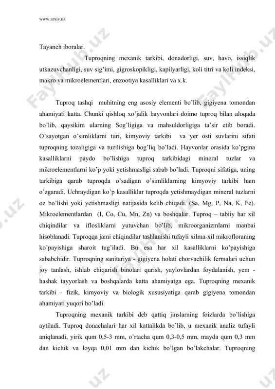 ng foizlarda bo’lishiga aytiladi. tuproq donachalari har xil kattalikda bo’lib, u mexanik analiz tufayli aniqlanadi, yirik qum 0,5-3 mm, o’rtacha qum 0,3-0,5 mm, mayda qum 0,3 mm dan kichik va loyqa 0,01 mm dan kichik bo’lgan bo’lakchalar. tuproqning mexanik tarkibiga qarab toshli, shag’alli, tog’ayli, qumli, 80% dan ortig’i qum va 10% dan 0,01 mmdan mayda bo’lgan bo’lakchalar, qumloq tuproqli 10-20% va 0,01 mm dan kichik bo’lakchalar, o’rtacha qumoq tuproq 30-45% va 0,01 dan kichik bo’lakchalar, yengil va o’rta loyqali 60-80% va 0,01 mm dan kichik bo’lakchalar, og’ir loyqali 80% dan ko’pi va 0,01 mm li bo’lakchalar, ohakli 20% dan ko’pi ohak, qora tuproqli 20% chirindi, torfli va boshqalar bo’ladi. tuproqning fizik xususiyatlariga uning g’ovvakligi, suv va havo o’tkazuvchanligi, tuproq suvi, issiqlik saqlash, yutuvchanlik va boshqalar kiradi. qanchalik tuproq g’ovvak bo’lsa uni suv va havo o’tkazuvchanligi yuqori bo’ladi. g’ovvaklarni suv bo’lmagan joylarini havo egallaydi. botqoqlik va organik chiqindilarga boy tuproqlarda esa …
