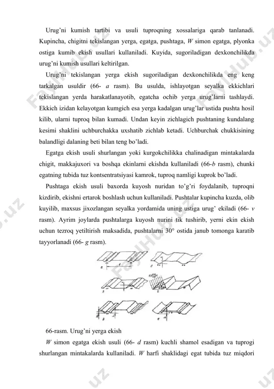 ayinlangan me`yorini o’zgarishi 3 %dan oshmasligi kerak. urug’ yer maydoni bo’ylab bir tekis taksimlanishi lozim. kushni katorlarda ekilgan urug’ miqdori bir-biridan don ekishda 6%, dukkakli ekinlarni ekishda 10%, chigit ekishda 10% dan ortiq fark kilmasligi talab qilinadi. ekilayotgan urug’ning seyalka qismlariga tegib shikastlanishi don ekishda 0,2%, dukkakli ekin ekishda 0,7%ni tashkil qilishi kerak. seyalkaning asosiy qismlari har qanday seyalka kuyidagi qismlardan (67- rasm): urug’ kutisi 1 ning tubiga o’rnatiladigan miqdorlagich 2, urug’ o’tkaz gich 3, ekkich 4 va urug’ kumgich 5 lardan iborat bo’ladi. aylanayotgan miqdorlagich 2, kuti 1 dan belgilangan me`yordagi urug’ miqdorini uzluksiz ajratib olib, urug’ o’tkaz gich 3 ga tashlab turadi va ular orqali utib ekkichiga yetib boradi. ekkich 4 tuproqni yorib, arikcha tayyorlaydi, uning tubini zichlaydi va u yerga tushayotgan urug’ni kerakli chuqurlikda joylashtirib, tuproq bilan qisman kumib ketadi. ekkich orqasiga o’rnatilgan kumgich (sudralma zanjir, kurakcha va boshka) lar urug’ni tuproq bilan to’liq kumib, qisman zichlab …