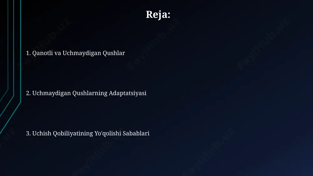 olib borishi va kuchli hid bilish qobiliyatiga ega ekanligi bilan ajralib turadi. parvoz qobiliyatini yo'qotish sabablari avstraliyaning 30 million yil avvalgi qit'a ichki qismlarida yashagan, qadimgi megafauna qush turlarining parvoz qobiliyatini yo'qotishiga, oziq-ovqatning mo'lligi va yirtqichlarning yo'qligi sabab bo'lgan. kiyosilmasligi uchun, 20 dan ortiq turdagi yangi zelandiya kiyolarining parvoz qobiliyatini yo'qotishida, ovozsiz yirtqichlar bo'lmaganligi va oziq-ovqatning yerdan topilishining osonligi muhim omil bo'lgan. oziqlanish va hayot tarzi kiyolar, galapagos orollarida yashovchi 1 metrgacha o'sadigan yirik parrandalar, o'rtacha 20 yil umr ko'radi va tanasi uzunligiga yaqin bo'lgan 60 sm uzunlikdagi qanotlariga ega bo'lishiga qaramay, uchishga qodir emas. pingvinlarning 17 turi mavjud bo'lib, ularning ko'pchiligi antarktida va uning atrofidagi sovuq suvlarida yashaydi, suvda 300 metrgacha chuqurlikka sho'ng'iydi va 20 minutgacha nafas ololmay yurishadi. geografik tarqalish afrika tuyaqushlari, 2 ta pastki turga bo'linib, sahroi kabirdan janubga, 15 dan ortiq afrika davlatlarida uchraydi. ularning tarqalishi savanna va o'tloqi erlar bilan chegaralangan. penguins, 18 turga bo'lingan, …