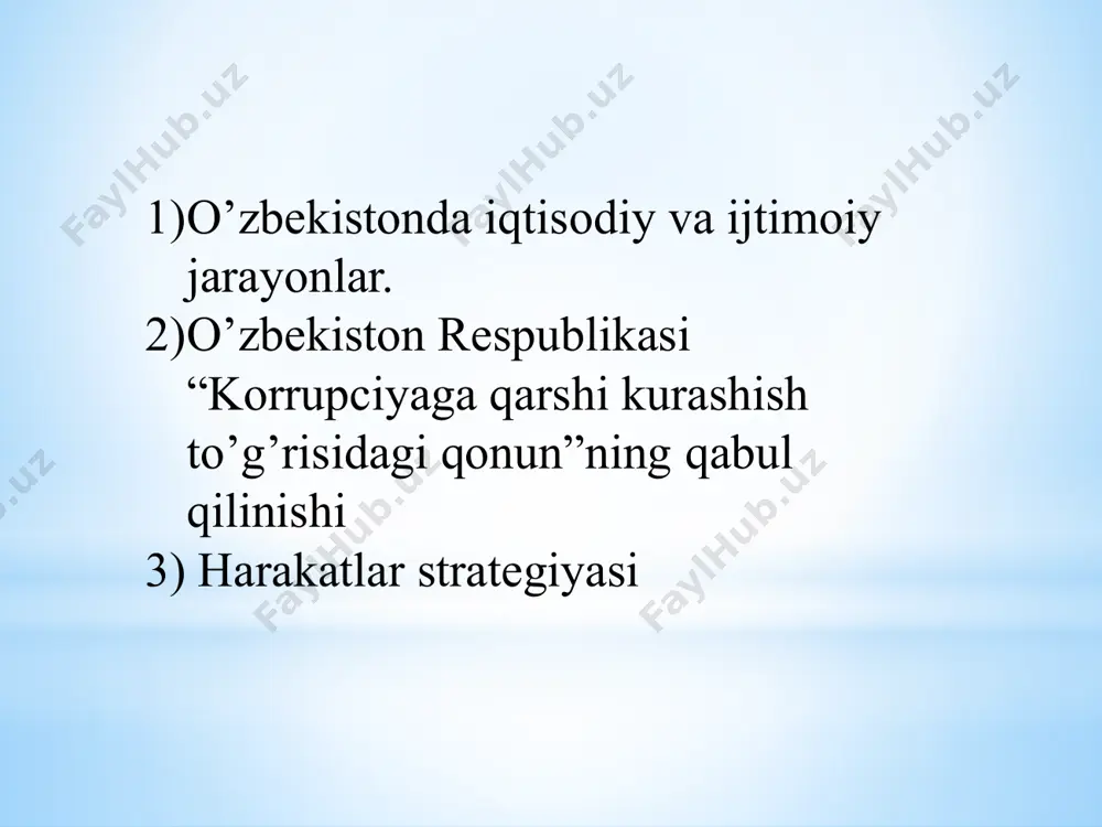 om ettirildi. davlat mulkini dastlabki hususiylashtirishni yakunlash, haqiqiy mulk egasiga aylantirish vazifalari ahamiyatli vazifalarning biri hisoblandi. xususiylashtirish natijasida ikki asosiy vazifa yechildi. 1. mulkni o’zining haqiqiy egasiga topshirish, 2. ishbilarmon ish olib borishi uchun ularga keng imkoniyatlar yaratish. o’tkazilayotgan iqtisodiy islohatlarning asosiy mazmuni shundan iborat bo’ldi. iqtisodiyotni tartibga solish bo’yicha bir qator qarorlar qabul qilindi. “o’zbekiston respublikasida mulkchilik haqida”, “o’zbekiston respublikasida ishbilarmonlik haqida”, “davlat mulkidan chiqarish va hususiylashtirish haqida”, «kichik biznes va yakka tadbirkorlikni rivojlantirishni rag’batlantirish haqida», «tovar bozorlarida monopoliya faoliyatini cheklash va raqobat haqida» bir qancha qonunlar, qarorlar, o’zbekiston respublikası prezidenti farmonlari asosida iqtisodiyot tartibga solinadi. mustaqil rivojlanish yillarida ijtimoiy sohadagi o’zgarishlarni davlat tomonidan tartibga solishning maqsadli yo’nalishi bo’yicha 2 ta bosqichni ajratib ko’rsatish mumkin: 1991-1994-yillarda mavjud ijtimoiy tizimni o’zgartirish va iqtisodiy islohotlarning borishi darajasiga qarab uni takomillashtirish amalga oshirildi. i̇jtimoiy himoya qilishning past samarali shakllari bekor qilindi, aholini ijtimoiy himoya qilish uchun harajatlar byudjeti imkoniyatlariga muvofiq amalga oshirildi …