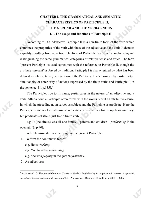 ion forms part of the first, or is a result of it, we can express the second action by a present participle: e.g. she went out, slamming the door [23, p.272-276]. the participle ii has the category of perfect and of voice. according to k.n. kachalova the category of perfect in participle i finds its expression in the contrast of the non-perfect and perfect forms. the non-perfect form suggests that the action denoted by participle ii is simultaneous with that of the finite verb. thus, the time-reference of the action expressed by participle ii can be understood only from the contex, that is it is not absolute, but relative. e.g. learning foreign languages you know your native tongue better. non-perfect participle i regularly expresses immediate priority and denotes an instantaneous action if it is formed from terminative verbs, such as verbs of motion (to come, to enter, to arrive, to …