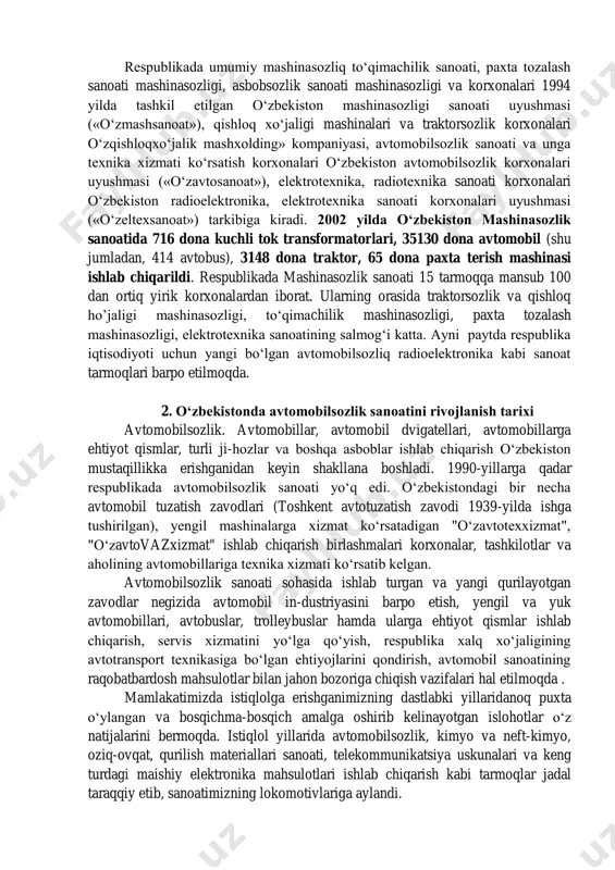 sosiy qismi o‘zbekistonda ishlab chiqarilgan. 30-yillar boshida paxtachilikda ishlatiladigan ekish va tuproqqa ishlov berish mashinalari, paxta tozalash zavodlari uchun texnologik va boshqa jihozlar o‘rta osiyoda yagona «boshpaxtasanoat»ning mexanika zavodida tayyorlangan. 90-yillarga kelib traktorsozlik va qishloq ho’jaligi mashinasozligi tarmog‘ida 20 dan ortiq zavod, birlashma va tashkilotlar faoliyat ko‘rsatdi. bu tarmoqda paxtachilik traktorlari, dvigatellar, traktor tirkamalari, paxtachilik texnikasi kompleksi, bog‘dorchilik va tokchilik mashinalari, qishloq ho’jaligi mashinalari reduktorlari, chorvachiliq ozuqa tayyorlaydigan mashinalar, ehtiyot qismlar ishlab chiqariladi. xx-asrning 90-yillar boshida quvvati 30 ot kuchi bo‘lgan ttz – 30 traktori va unga moslangan qishloq ho’jaligi mashinalari va qurollari majmui yaratildi. qishloq xo‘jaligi mashinasozligi tarmog‘idagi yirik korxonalardan biri “o‘zqishloqmash” aktsiyadorlik jamiyati chigit seyalkalari, ko‘sak chuvish mashinalari, rotorli o‘rim mashinalari, ttz-30 va boshqa traktorlarga tirkab va osib ishlatiladigan mashinalar, kartoshka ekkichlar, “kimyoqishloqmash” aktsiyadorlik jamiyati qishloq xo‘jaligida ishlatiladigan tirkamali purkagichlar ishlab chiqariladi. paxtachilikni kompleks mexanizatsiyalash uchun mashina va mexanizmlar, g‘o‘za kultivatorlari, chizelkultivatorlar, o’g’it solgichlar, ariq qazgich tekislagichlar, ko‘sak …