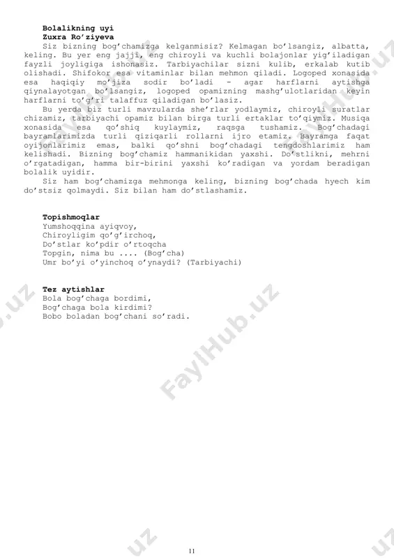 r davomida o’z vatanini qo’msaydi, sog’inadi. tug’ilib o’sgan yurtiga talpinadi. siz ham mehmonga borsangiz, birozdan keyin zerikasiz, nimadir yetmayotganini ich-ichingizdan his qilasiz. bu o’z uyingiz, o’zingiz yashayotgan muhitga talpinishdir, chunki faqat o’z uyingizda o’zingizni qulai sezasiz. siz yashayotgan uy, sizni ulg’aytirayotgan mahalla ham, aslida, kichik bir vatan. siz vatanni sevishingizni qaydan bilasiz? o’z uyingizni yaxshi ko’rishingiz, bog’changizni yaxshi ko’rishingiz, tabiatdagi daraxtlarga ozor bermaslik vatanni sevish sanaladi. buyuk vatandoshimiz abdurauf fitratning vatan haqida yozgan mana bu satrlarini eshiting: «ey, ulug’ turon... sen mening vatanimsan... yurtim, turonim, sendan ayrilmoq - mening o’limim. sening uchun o’lmoq - mening tirikligimdir. panohim, sajdagohim, umidim! yotlaring seni shu kunga soldilar... zolimlar seni kimsasizmi ko’rdilar! yo’q, sen kimsasiz emassan. mana, men chin ko’nglim bilan sening yo’lingda o’lurg’a rozi... men sening uchun yasharman, sening uchun o’lurman. ey, tiriklikning muqaddas o’chog’i! ulim - sening o’limingni istaganlarga, nafrat sani ko’mgani kelganlarga!» bizningcha, yurtning har bir mard o’g’loni ana shunday bo’lishi, …